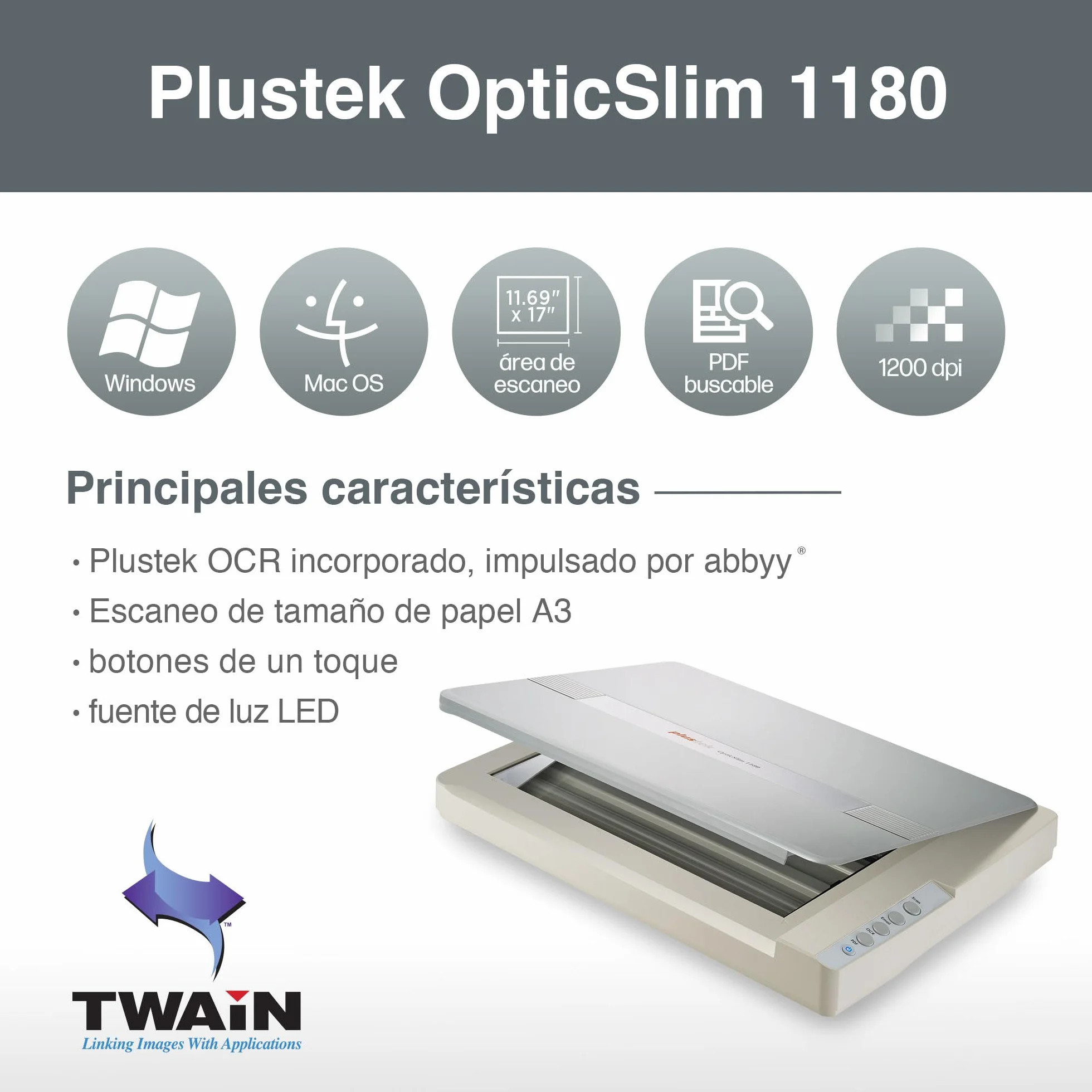 Plustek OS1180 Escáner Plano A3 para Gráficos y Documentos, Escaneo Rápido