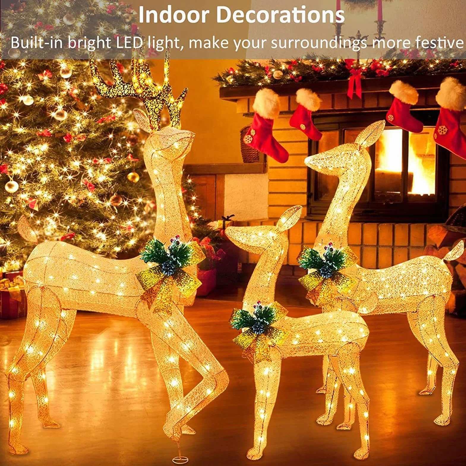 Decoración navideña de Reno con Luces LED, Juego de Ciervos de Navidad para Exteriores, 3 Piezas