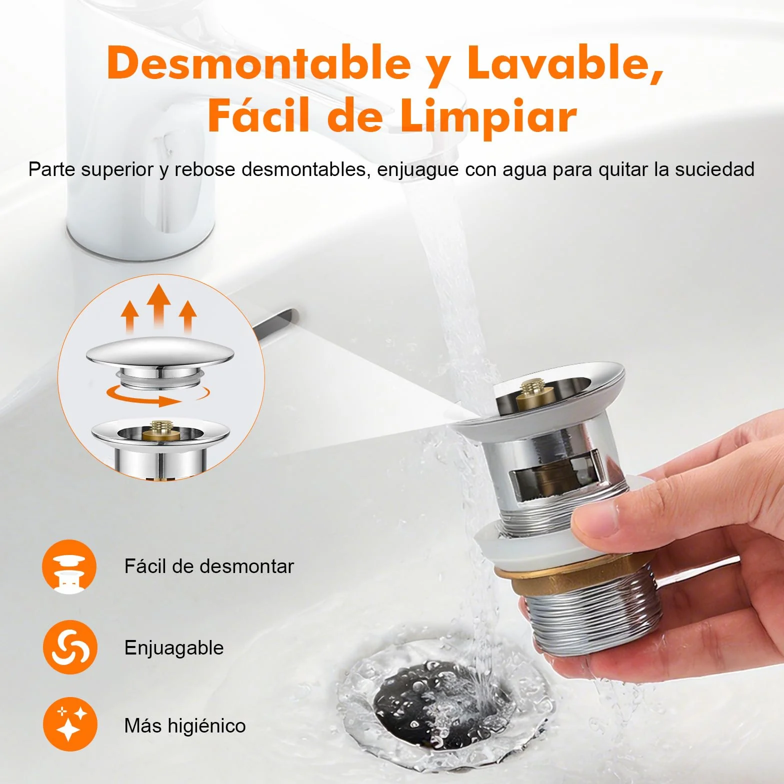 Ibergrif Tapón Pop Up para Lavabo Válvula Click Clack con Rebosadero Latón Cromado Ajuste Universal 41-50 mm