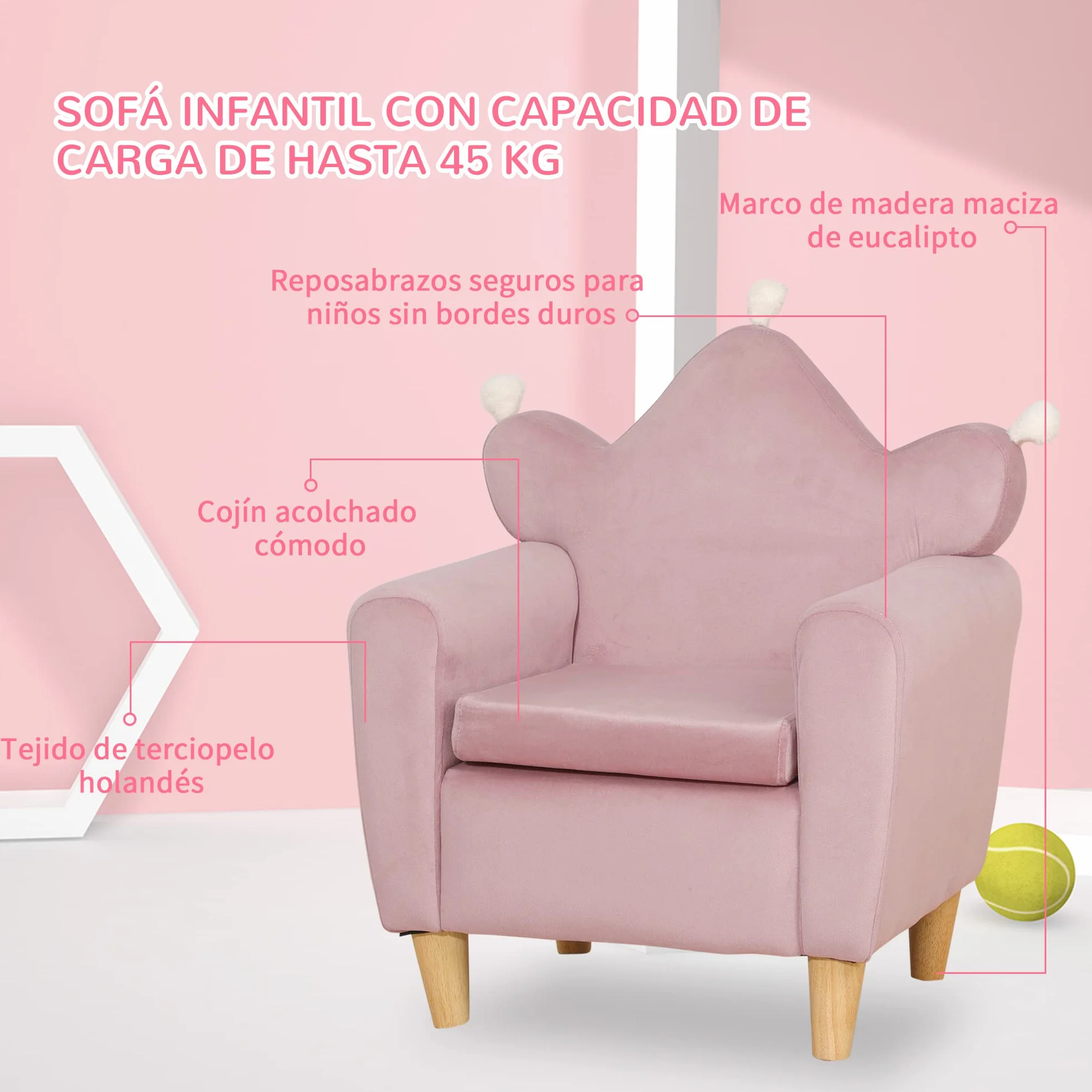 HOMCOM Sillón Infantil Mini Sofá para Niños +3 Años 45 kg 50x42x58 cm Rosa