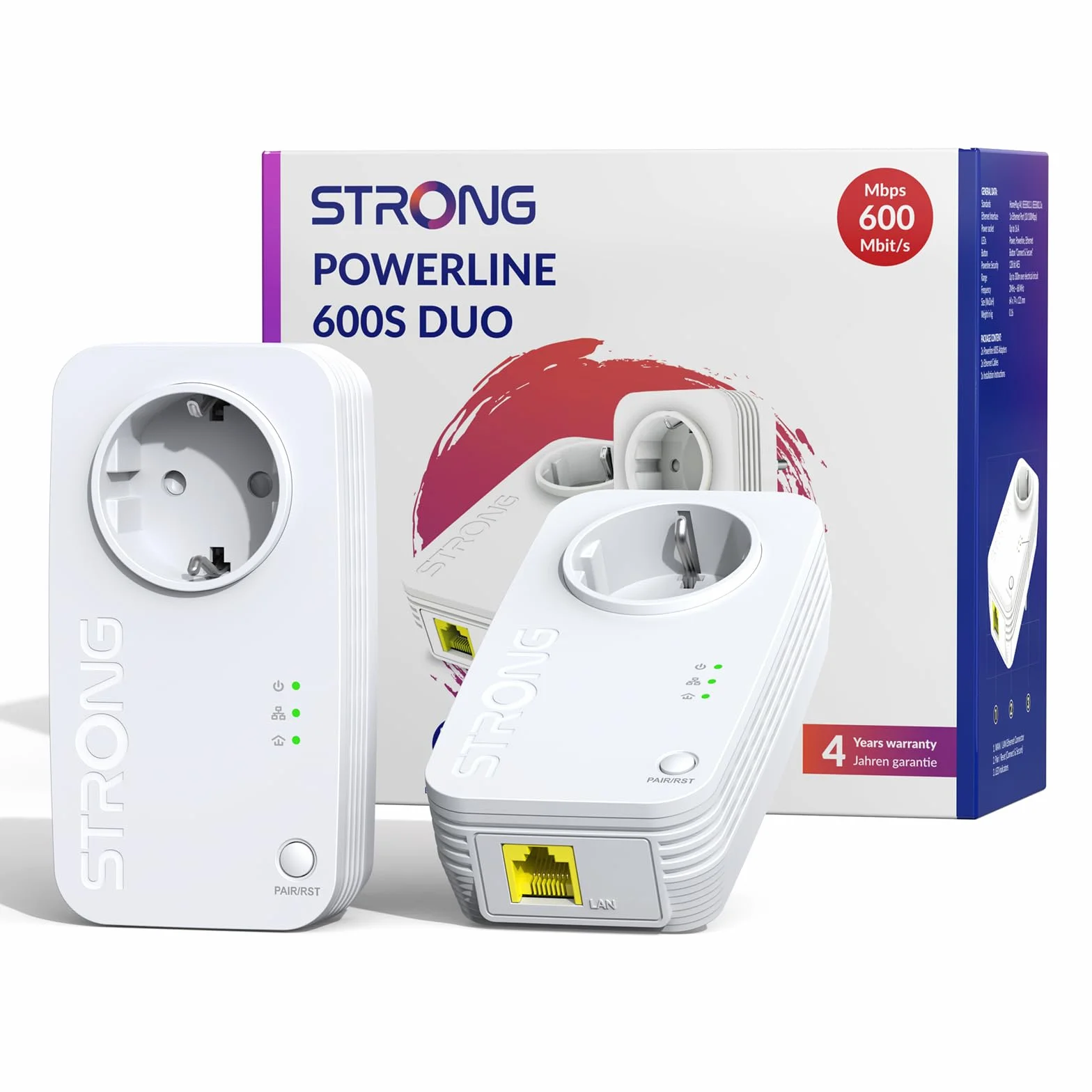 Strong AV600 Adaptador Powerline Set con Enchufe, PLC HomePlug AV2, Sin WiFi, Plug & Play, Enchufe Integrado, Modo de Ahorro de Energía, Puertos LAN 100 Mbit/s, Internet por Red Electrica (PL600S)
