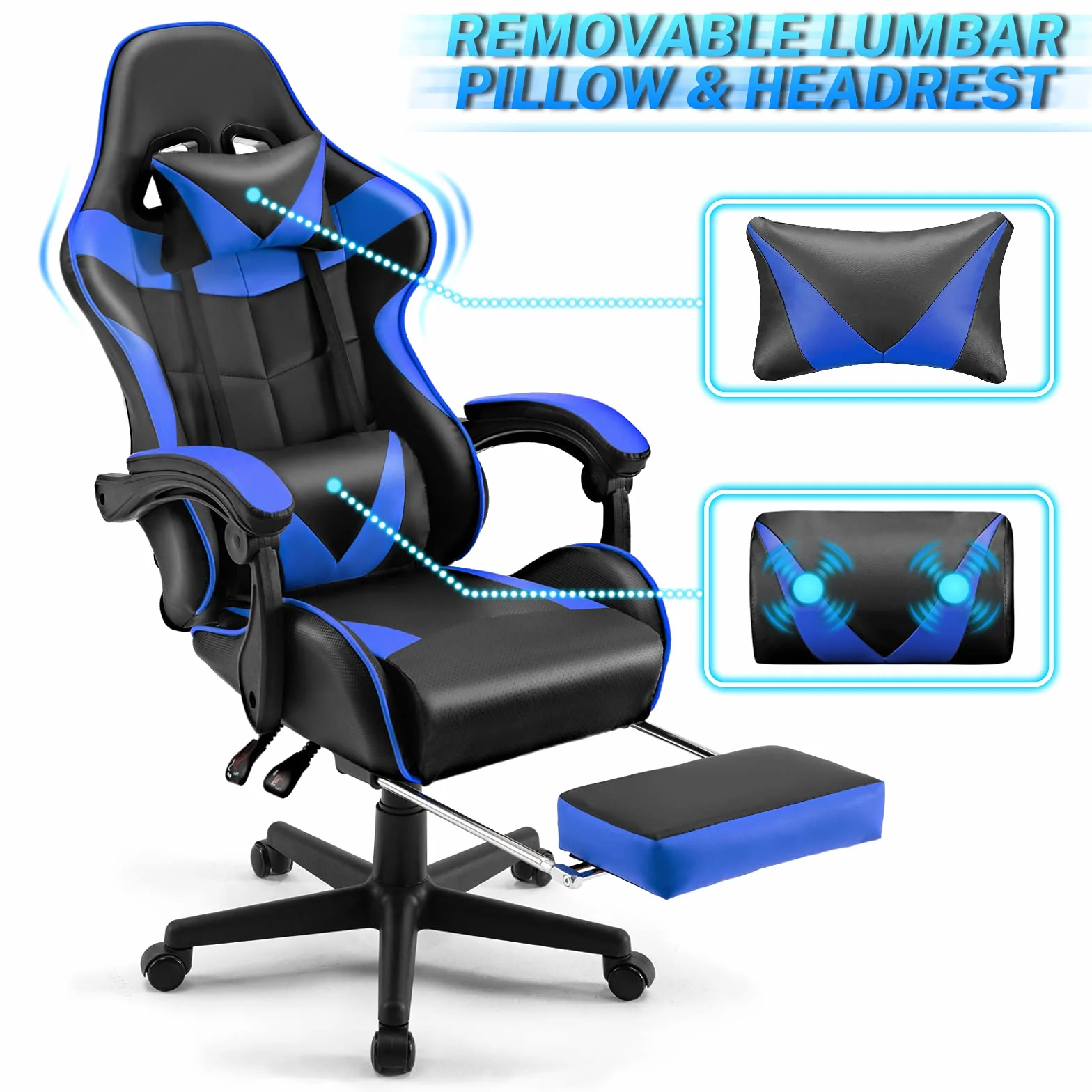 Soontrans Silla Gaming con Masajeador, Reposapiés y Reposacabezas, Cojín Lumbar de Masaje, Sillón Gamer para Livestreaming (Azul)