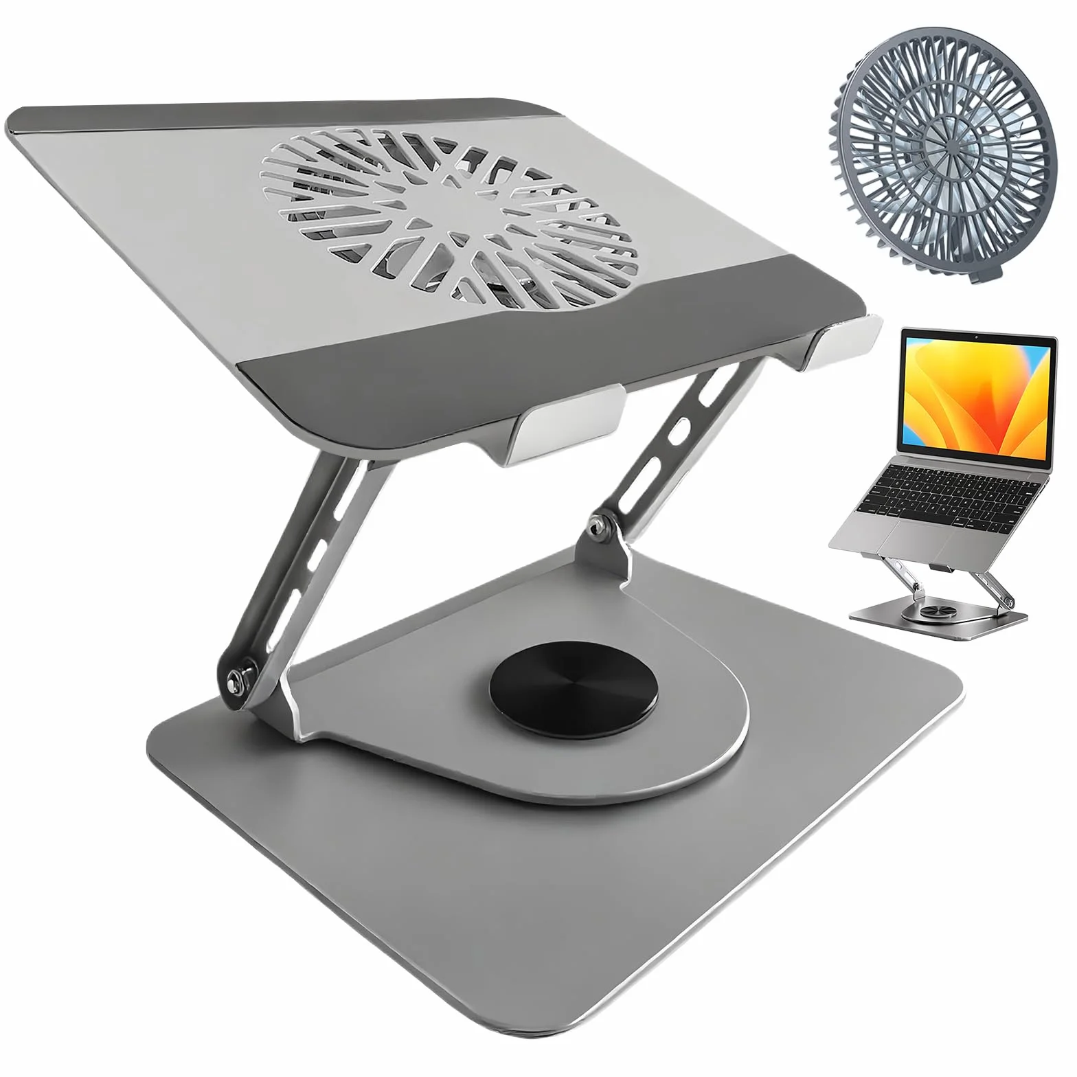 Soporte para ordenador portátil de aluminio, giratorio 360°, plegable, con ventilador magnético para refrigeración, compatible con MacBook y dispositivos de 10 a 17,3 pulgadas (gris claro)