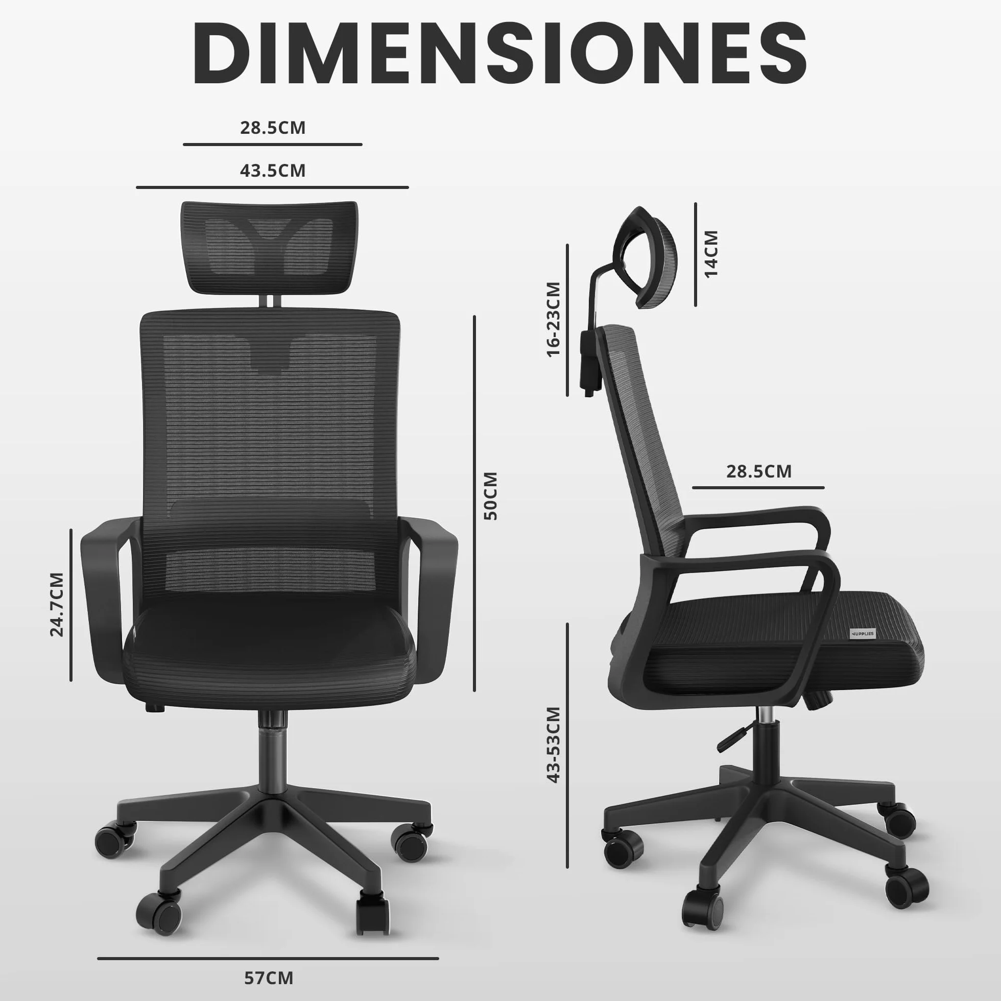 Silla Escritorio Ergonomica Ajustable Reclinable con Soporte Lumbar, Malla Transpirable, 120kg (Negro)
