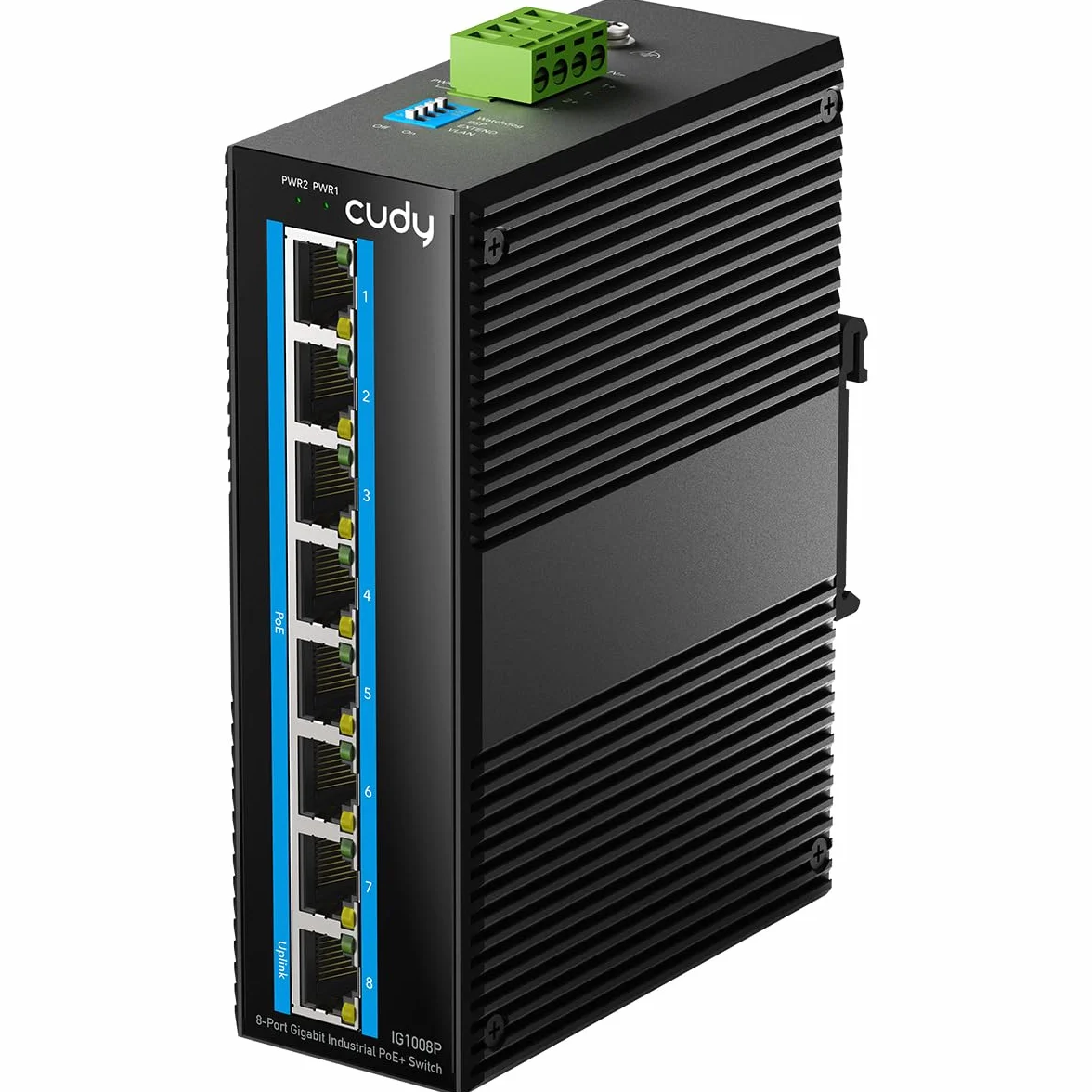 Cudy Switch PoE+ Industrial 8 Puertos, 8+2SFP, Carril DIN, -40~75C, IG1008P | 8x PoE+ 120W, 2x SFP, Carril DIN, -40~75C, Doble DC 48-57V, IP40, 6kV Sobretensión, Plug Play
