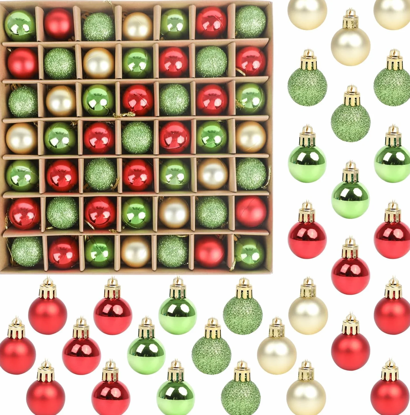 SULOLI 49PCS Bolas de Navidad de 3cm，Conjunto de Bolas de Navidad，Hermosa Bola de Árbol de Navida,Bolas Navideñas de Plástico para Decoración del Banquete de Boda，Cumpleaños(Verde, Rojo y Amarillo)