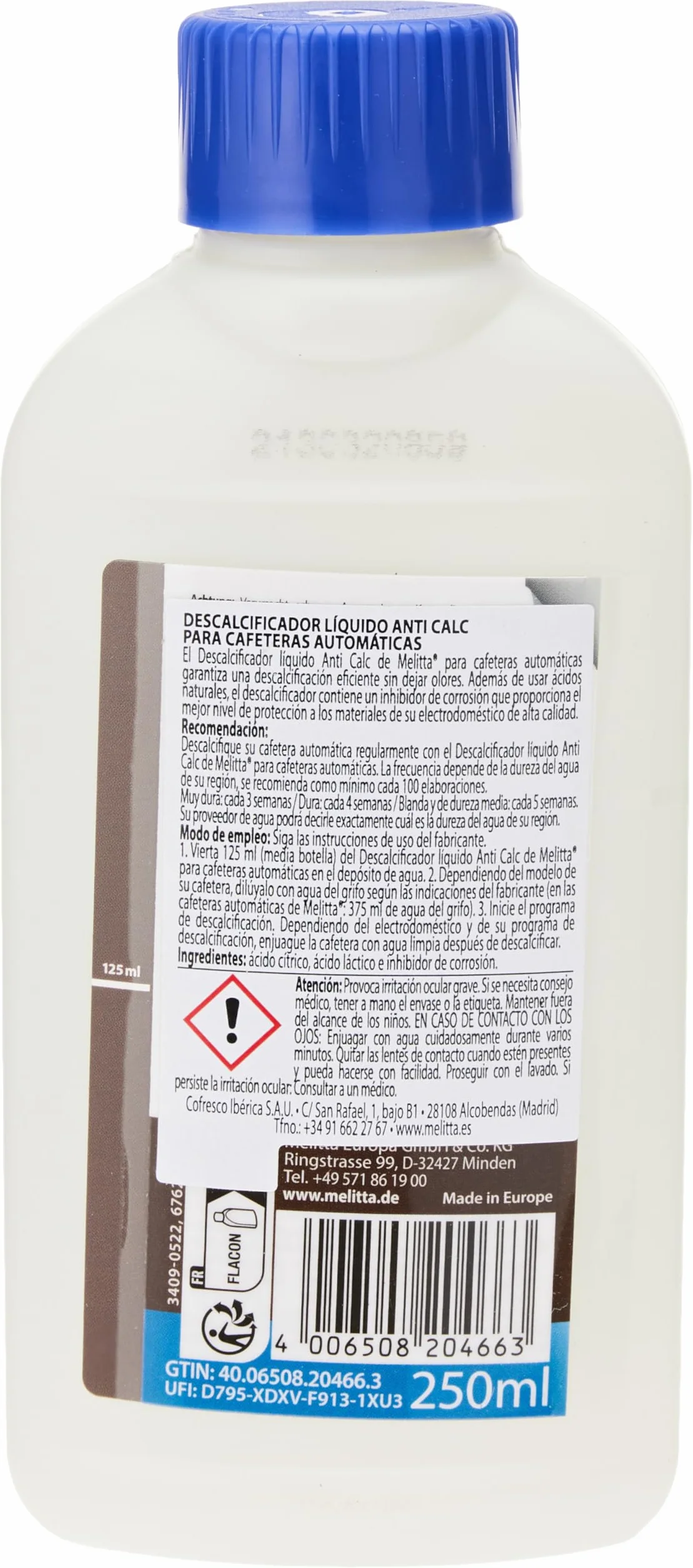 Melitta Anti Descalcificador Líquido ANTI CALC para Cafeteras Automáticas 250 ml