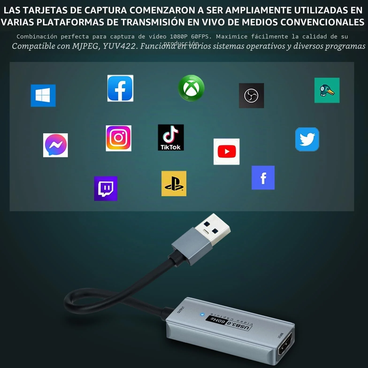 capturadora Video Fulfalic, capturadora 4K HDMI a USB 3.0, Tarjeta de Captura de vídeo de Audio 1080P 60 FPS, para enseñanza, radiodifusión, Juegos, Streaming, videoconferencia