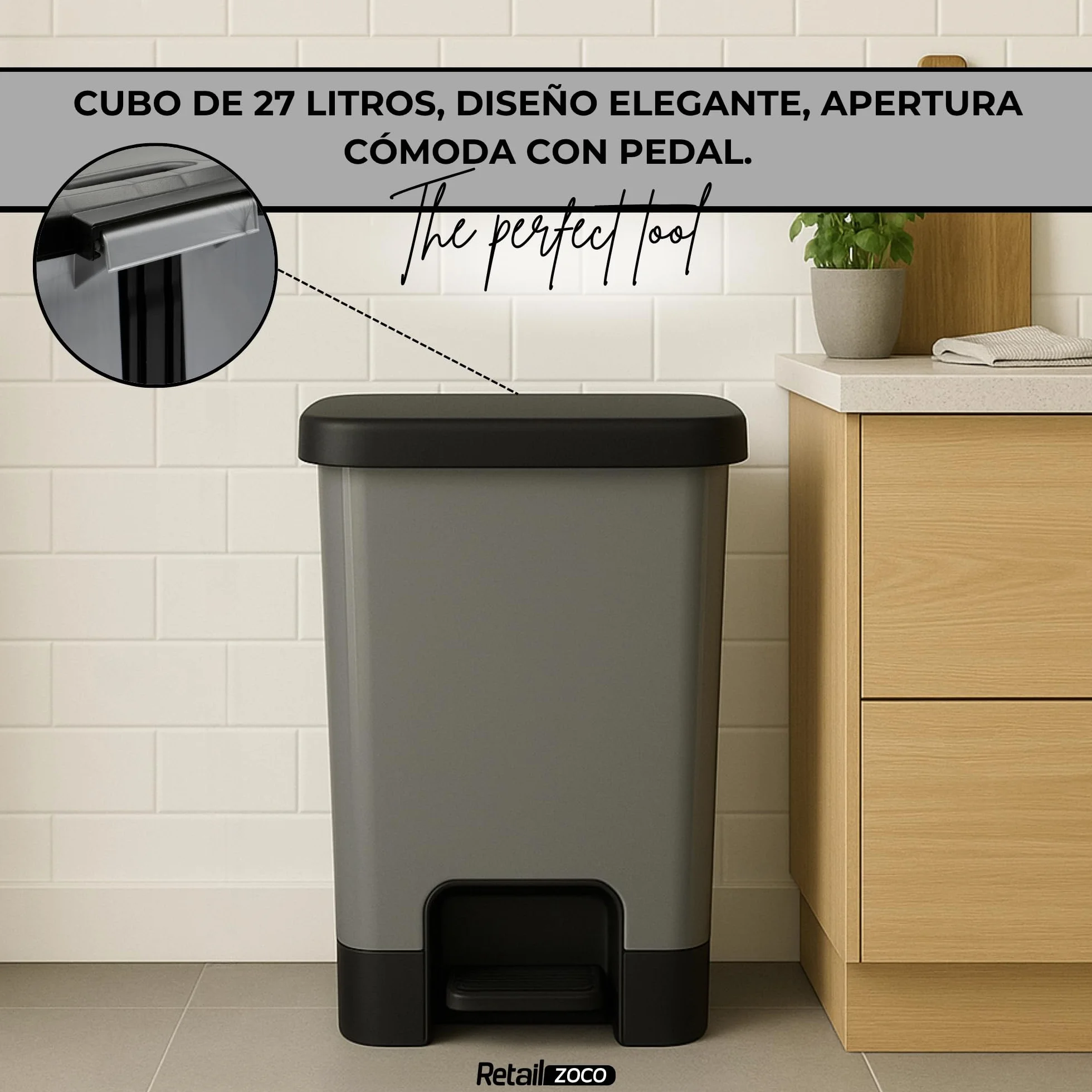 TECHZOCO Cubo basura plástico apertura pedal 27L 45x38x32 cm Gris/Negro