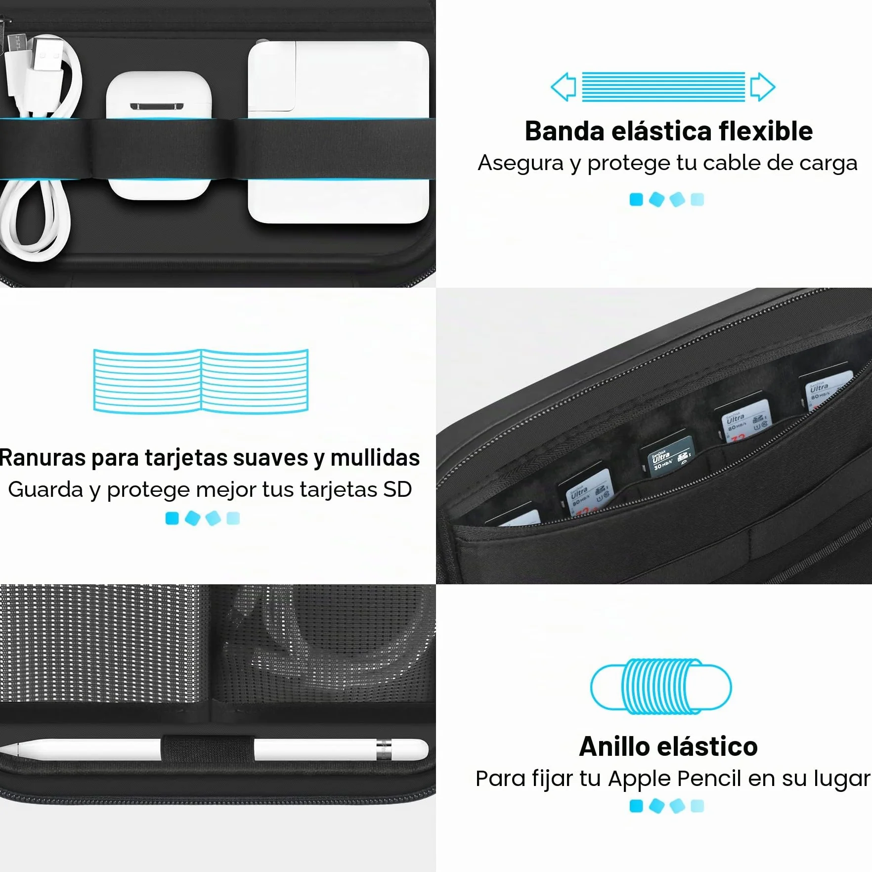 Lacdo Bolsa Almacenamiento Organizador electrónicos para Cargador, Mouse, Cable, Unidad Flash USB, Tarjeta SD, Estuche de Transporte Bolsa de Almacenamiento Banco de energía Blando, Negro