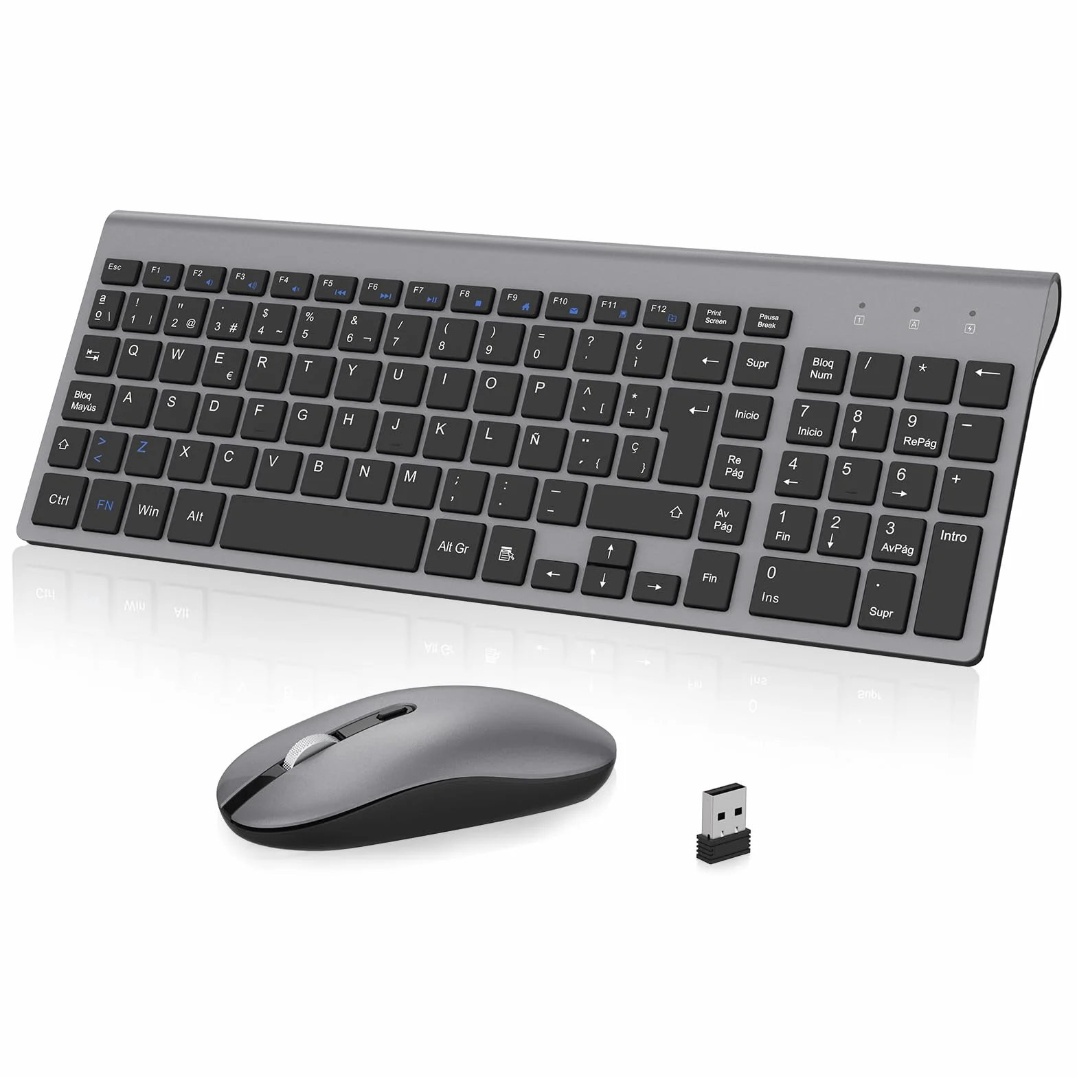 cimetech Teclado y Ratón Inalámbrico, 2.4G Combo Teclado Raton Inalambrico Español 2 en 1 USB Ultra Delgado Silencioso Mouse,Teclado y Ratón para PC/Laptops/Ordenador (Gris)