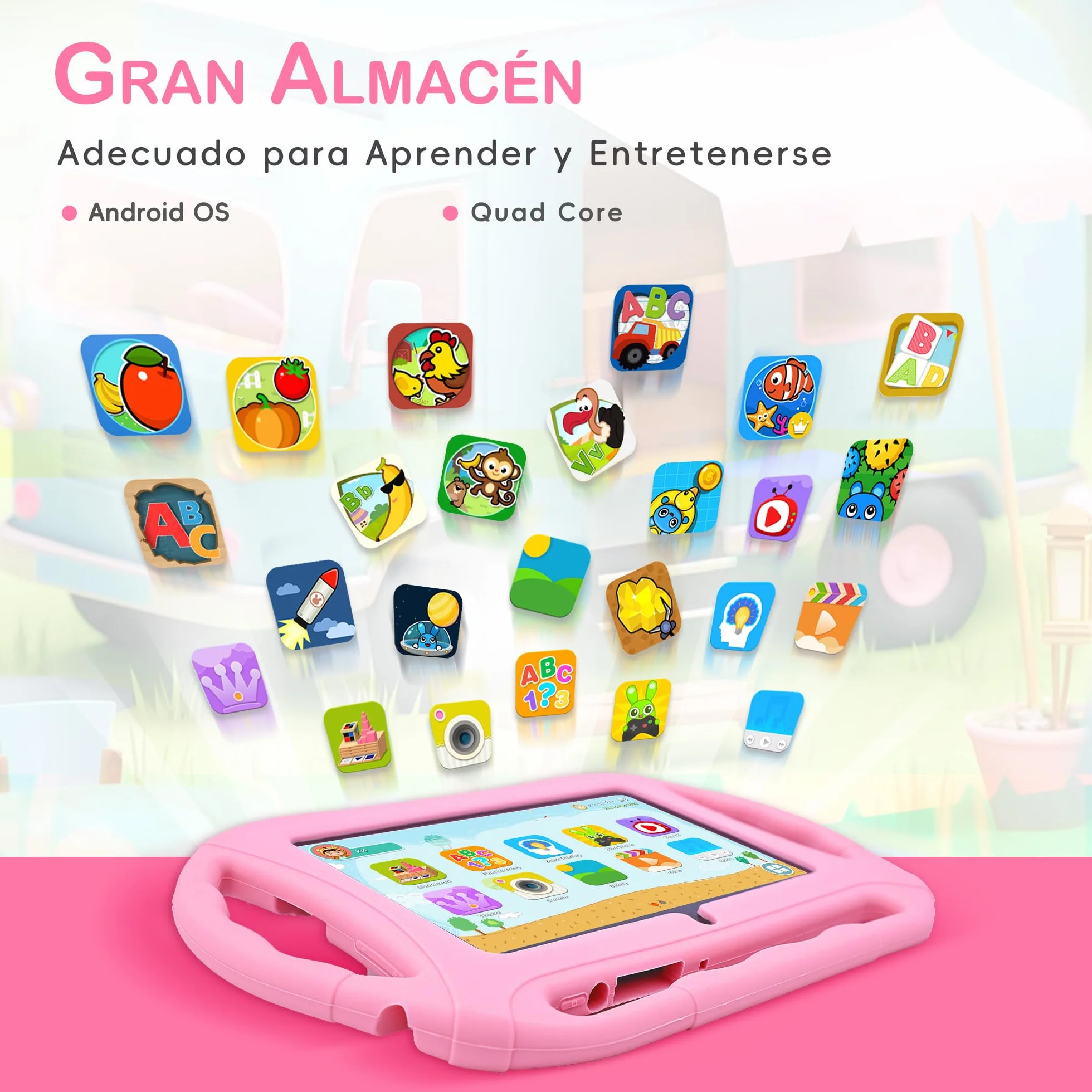 Veidoo Android Tablet para niños, 7 Pulgadas HD Tablet Infantil, 2GB RAM 32GB ROM, WiFi, Cámara Dual con Estuche, Control Parental, Juegos Educativos, Protección para Los Ojos(Rosa)