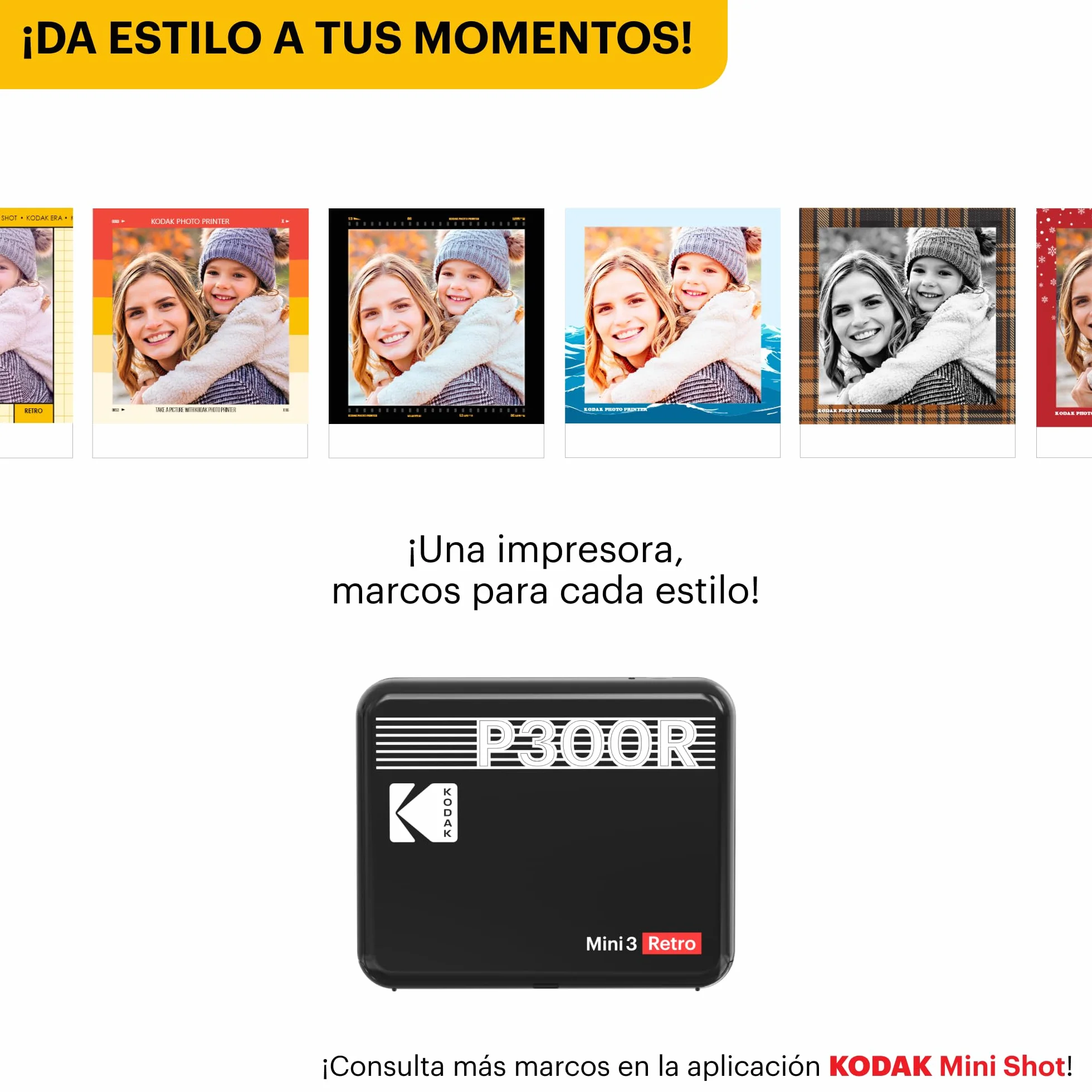 KODAK Mini 3 Retro 4PASS Impresora de Fotos Portátil (7,6x7,6cm) + 8 Hojas, Amarillo