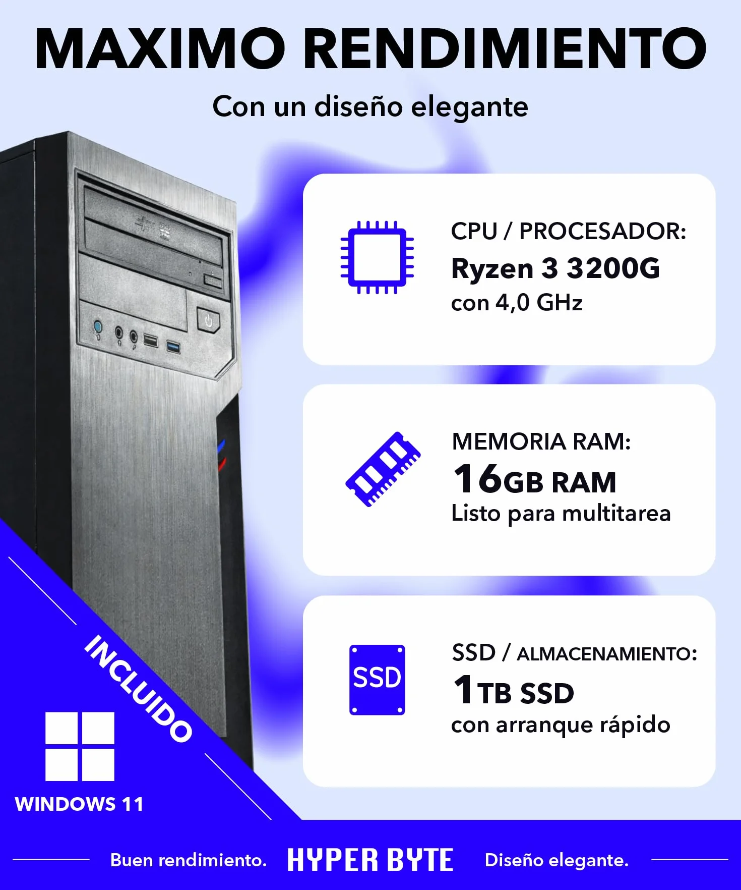 HYPER BYTE® Office PC - Ordenador con AMD Ryzen 3 a 4,0 GHz | 16 GB DDR4 de RAM | Disco Duro SSD de 1 TB | Win 11 Pro | WLAN | DVD+RW | USB 3.0 | Computer de Torre - High End