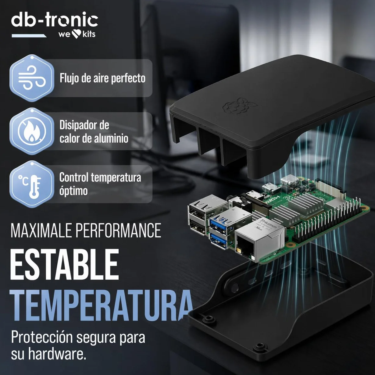 db-tronic Raspberry Pi 4 4 GB Starter Kit | Edición Negra 64 GB | Alimentación 15 W | Carcasa | Micro HDMI 4K | Disipadores | Lector USB | Ideal para Home Assistant y el Smart Home