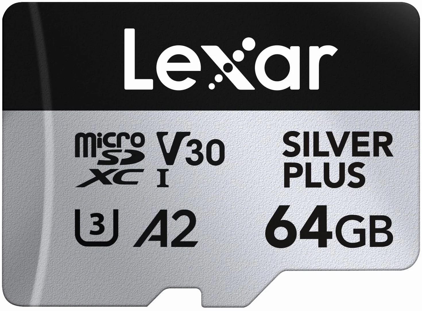 Lexar Tarjeta Micro SD 64 GB Silver Plus, Tarjeta de Memoria Micro SD con Adaptador, Tarjeta Microsdxc TF hasta 205 MB/s, A2, U3, Clase 10, V30, Full HD y 4K UHD para Cámara, Teléfono, Videoconsola