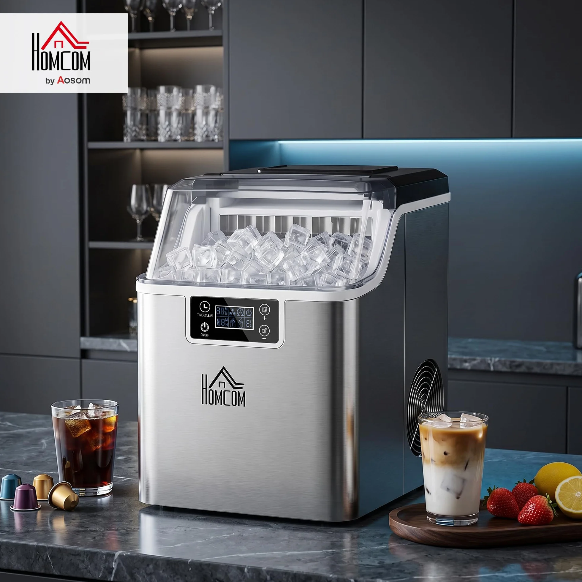 HOMCOM Máquina de hielo acero inoxidable 24 cubitos 14-18 min 20 kg/24h 3,2 L autolimpiable cocina