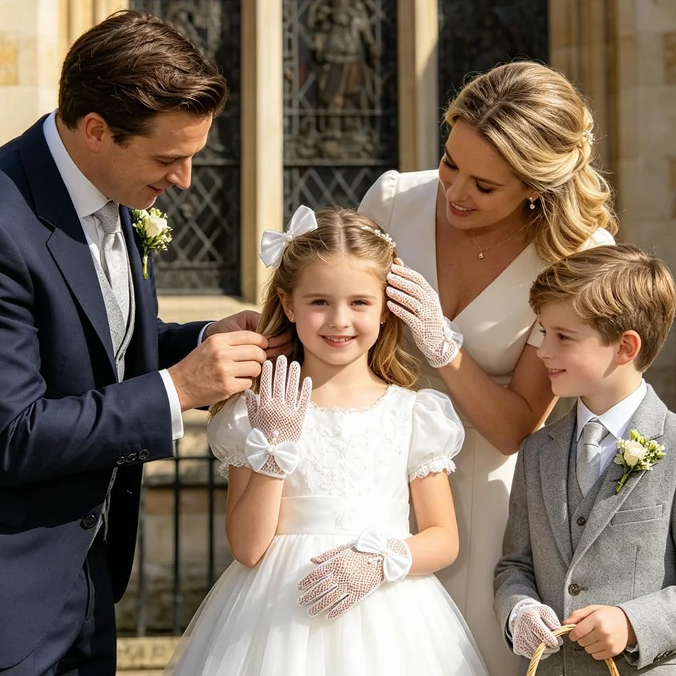 SwirlColor Guantes Blancos de Satén Organza para Niña Primera Comunión Boda Fiesta con Encaje Floral
