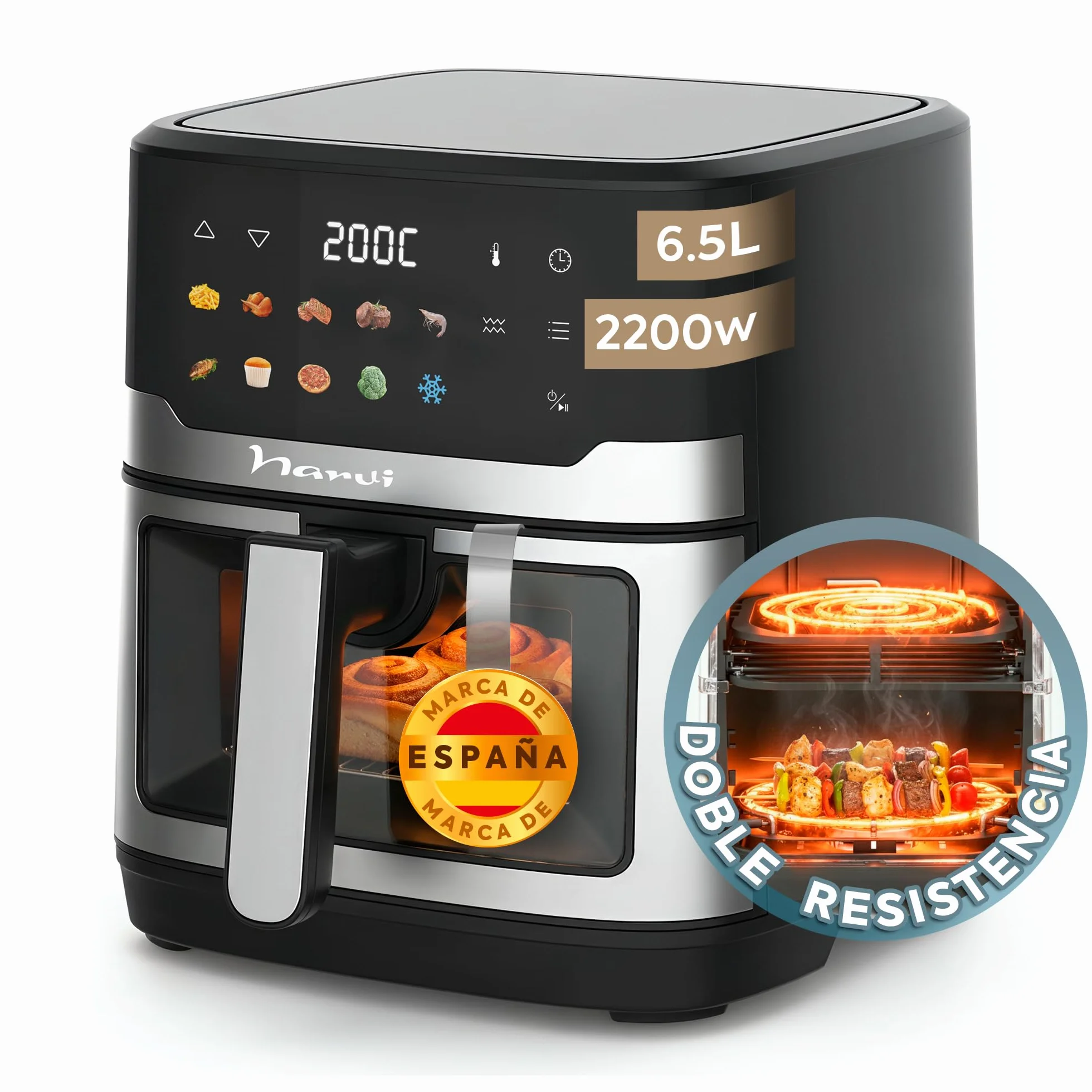 Narvi Freidora de Aire Doble Resistencia 6.5L 2200W 10 Menús Panel Digital Táctil