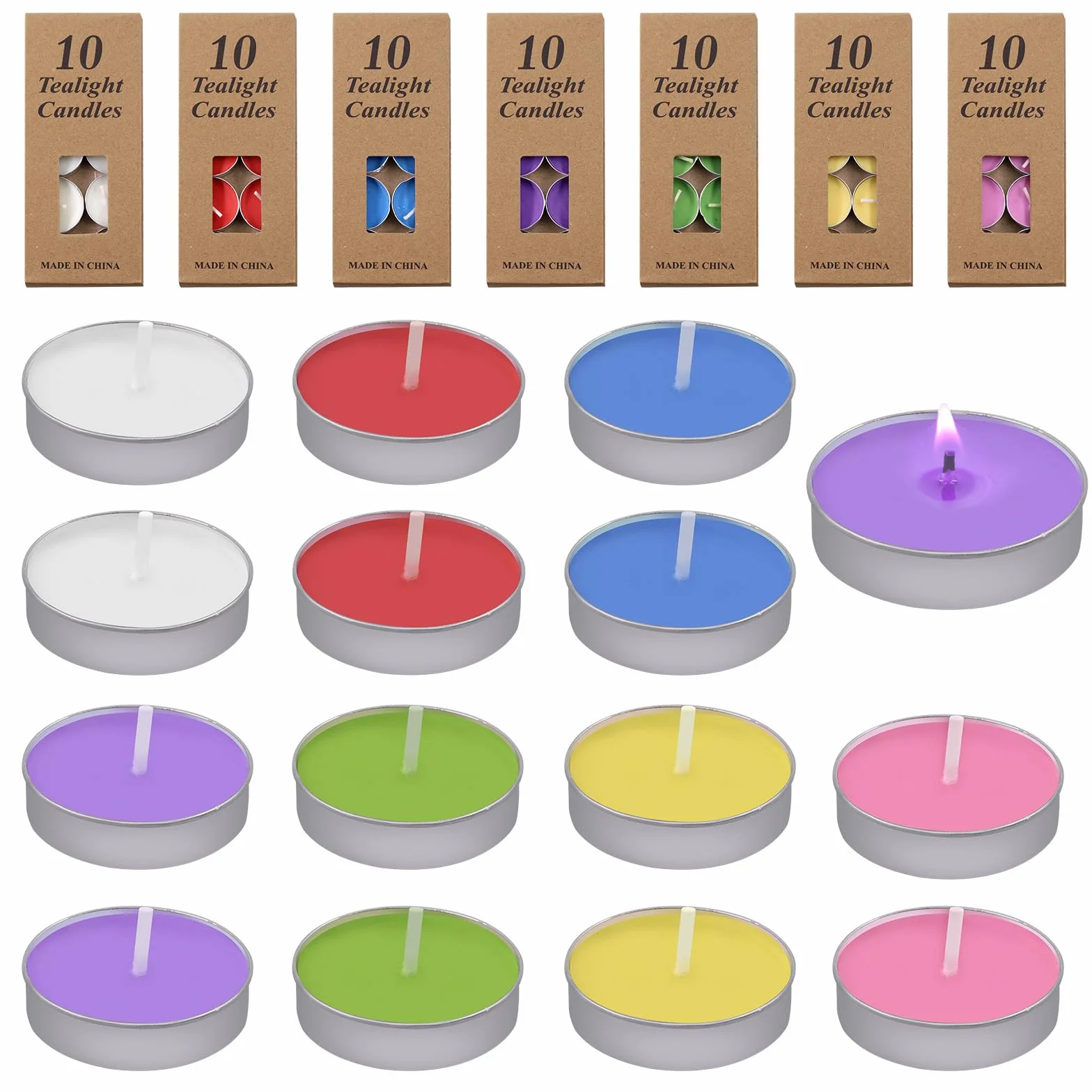 Swpeet Juego de velas de té de 70 piezas, 7 colores, 1,43 pulgadas, sin scenta, luces de té de parafina, velas votivas de parafina para bodas, fiestas, aniversarios, decoración del hogar
