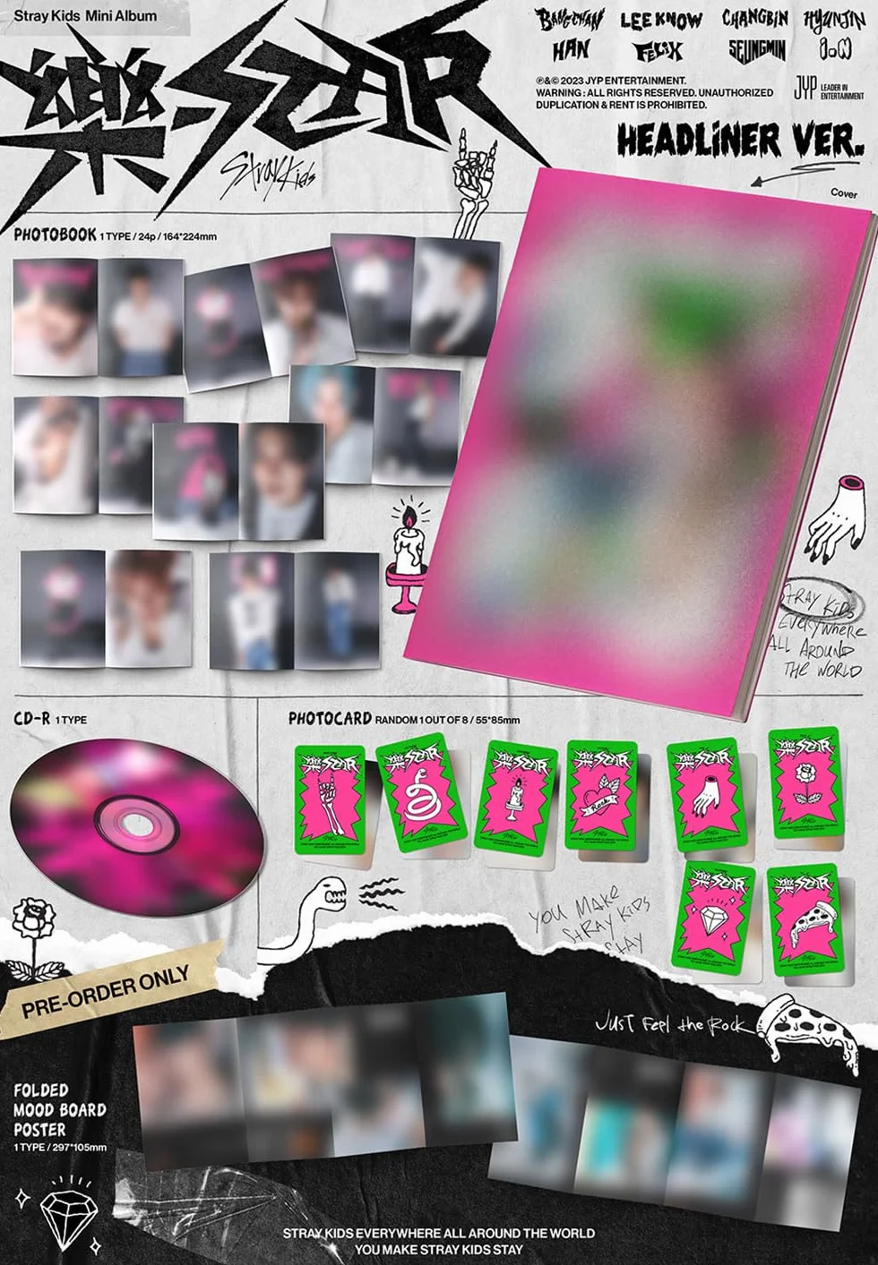 STRAY KIDS ROCK-STAR HEADLINER Version 8th Mini Album CD-R Folded Mood Board Poster Photocard Photobook Extra Photocards Double-Sided Photocard Pocket Mirror