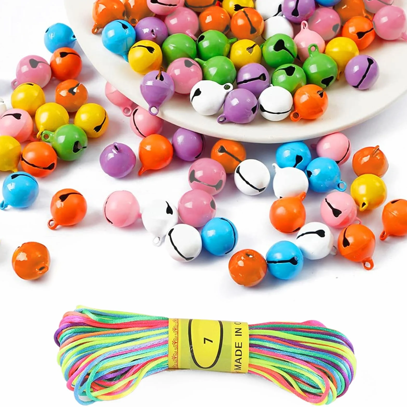 60 Piezas Cascabeles 22 MM Coloridos de Metal para Decoración DIY con Cuerda Colorida 20 M