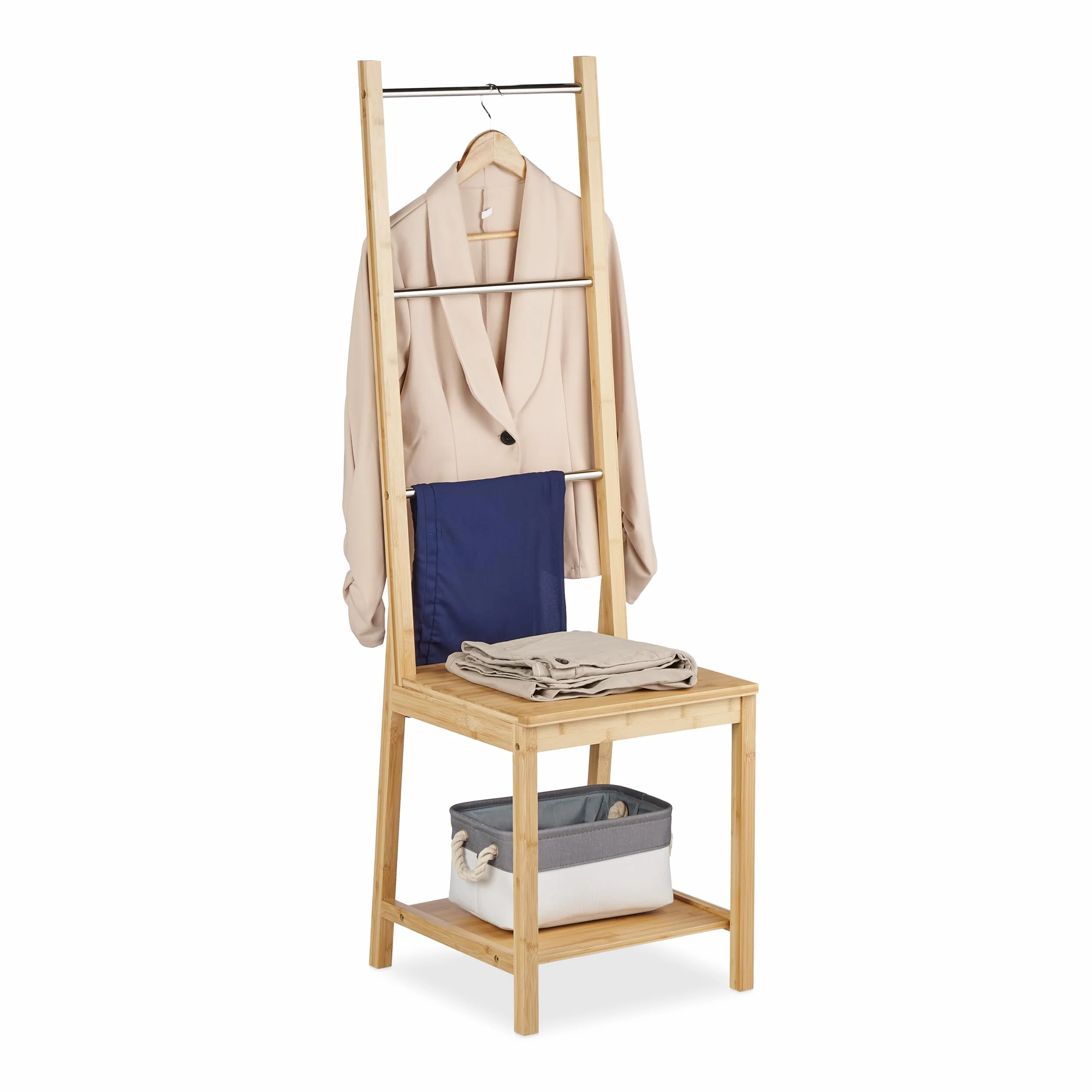 Relaxdays Galán de Noche con Balda Bambú Acero Inoxidable 133x40x42cm Silla Perchero Soporte Toallas