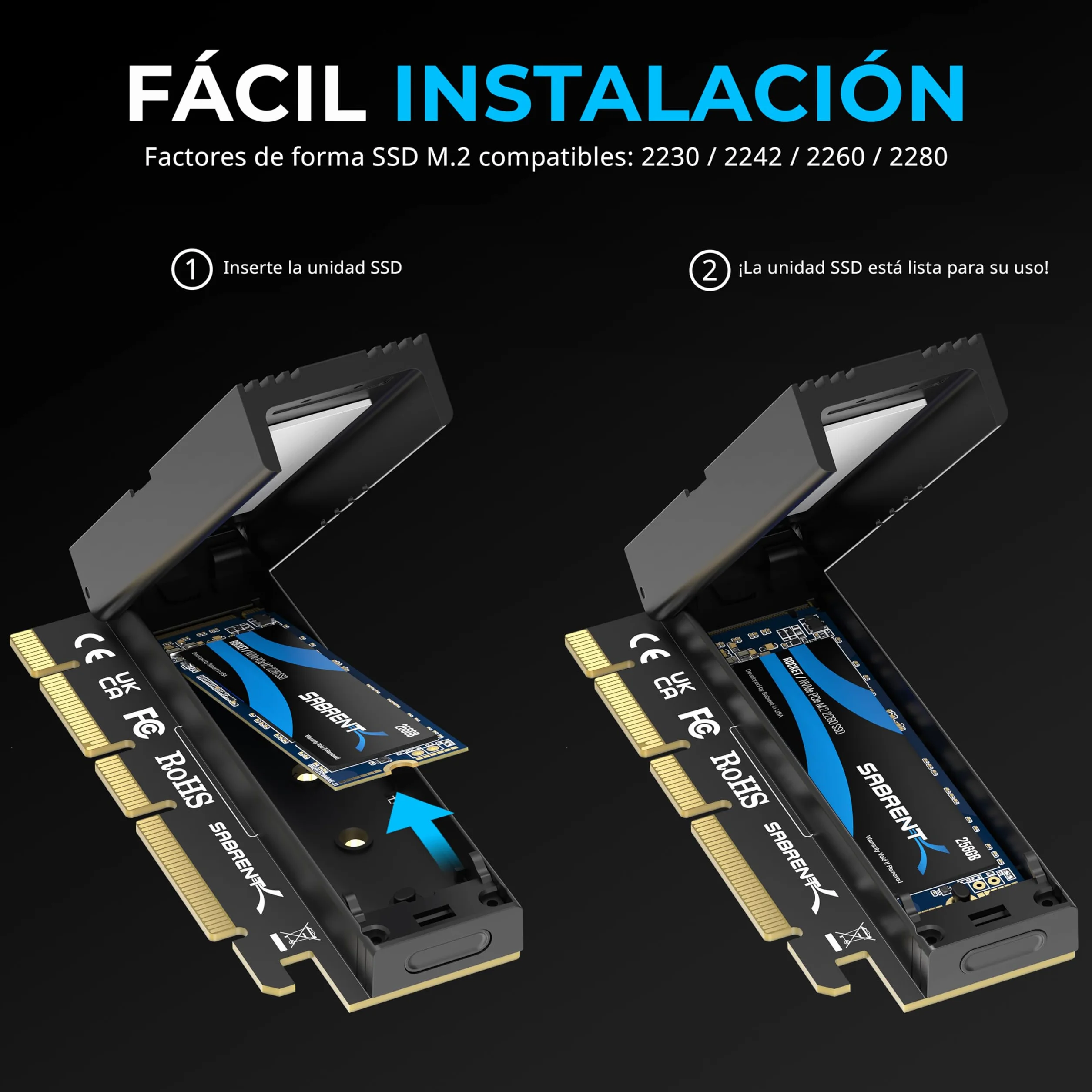 SABRENT Adaptador M.2 NVMe SSD a PCIe X16 Sin Herramientas | Con Disipador de Calor de Aluminio, Adaptador PCIe para SSD Gen5 PCIe 5.0, Compatible con Generaciones Anteriores (EC-TFPE)