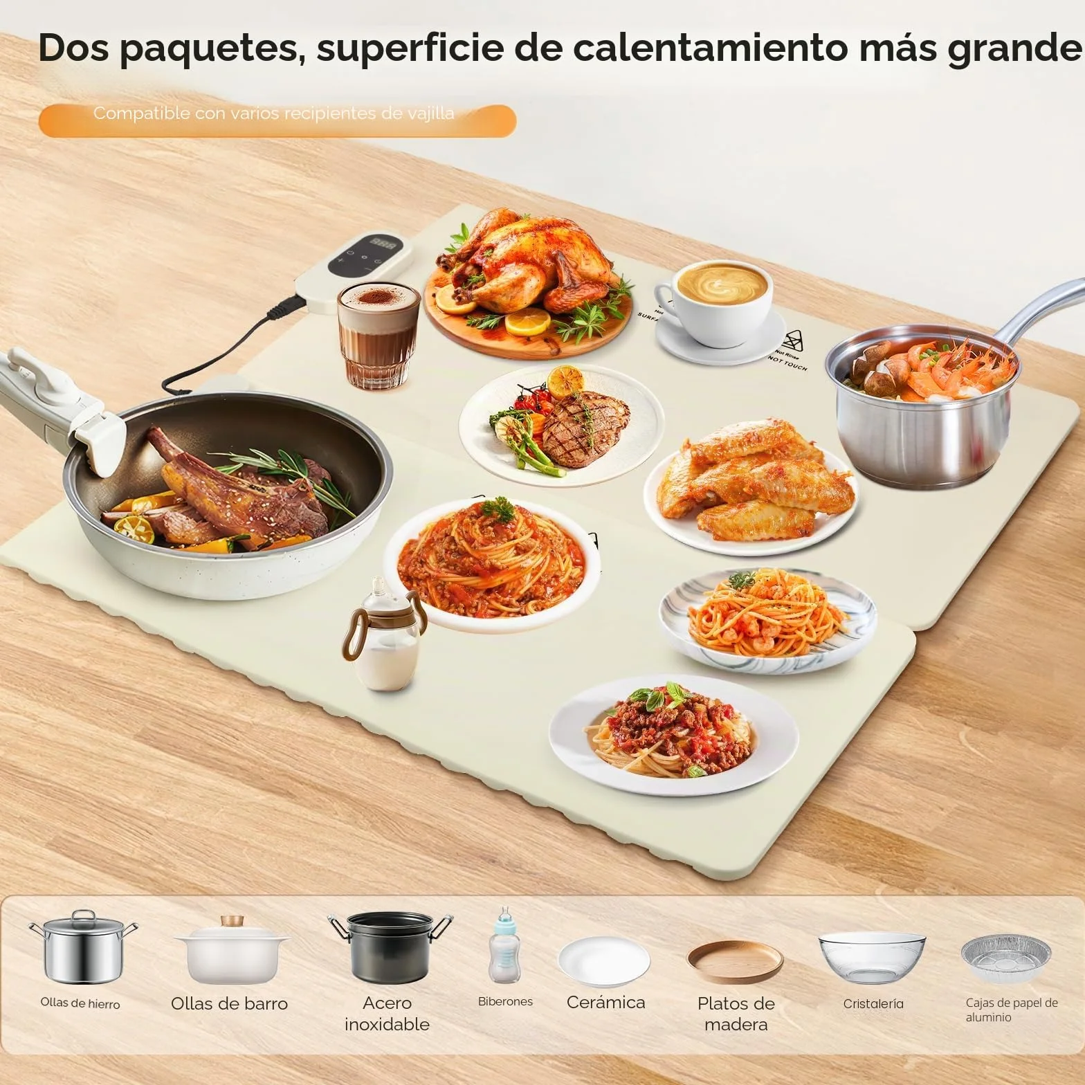 Placa calentadora de alimentos eléctrica grande, 8 niveles temperatura, 20 ajustes temporizador, esterilla calefactora plegable para fiestas