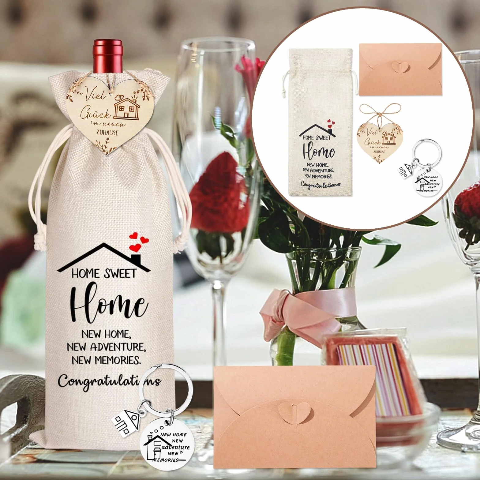 Set de Regalo Mudanza para Nueva Casa: Bolsa Botella Vino, Llavero, Amuleto Suerte, Sobre Felicitación