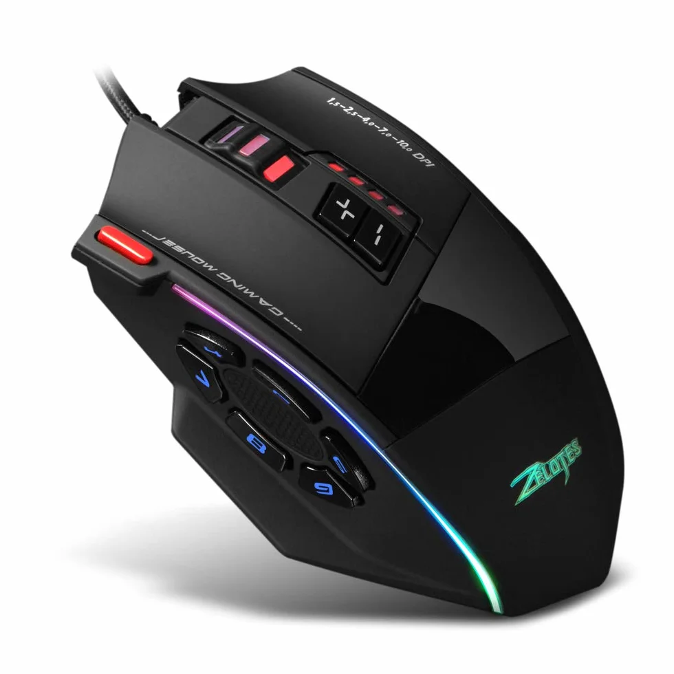 Zelotes - Ratón de juego con cable, 13 teclas de programación, cinturón RGB ajustable, memoria integrada, mecanismo contrapeso integrado