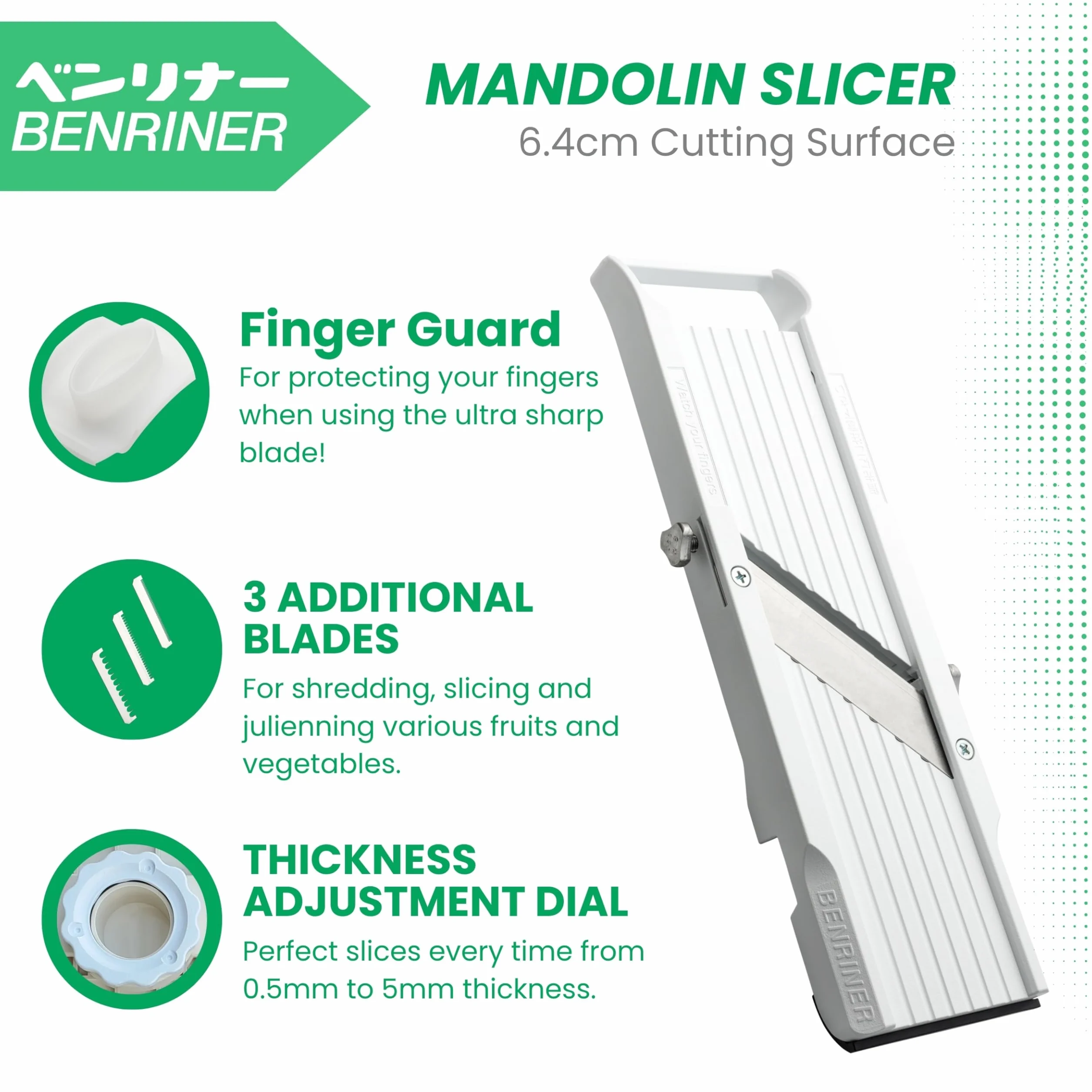 Benriner Cortador de mandolina japonés BN-1 con tres cuchillas de acero inoxidable, marfil