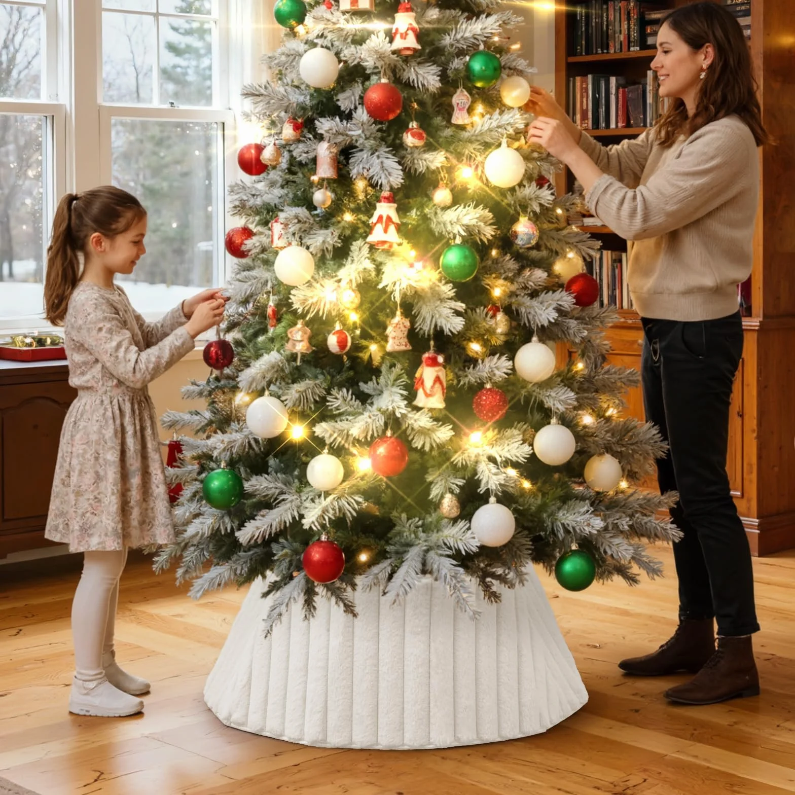 Collar de Árbol de Navidad 60cm Piel Sintética Falda Cubre Base Alfombra Decoración Navideña Interior Blanco