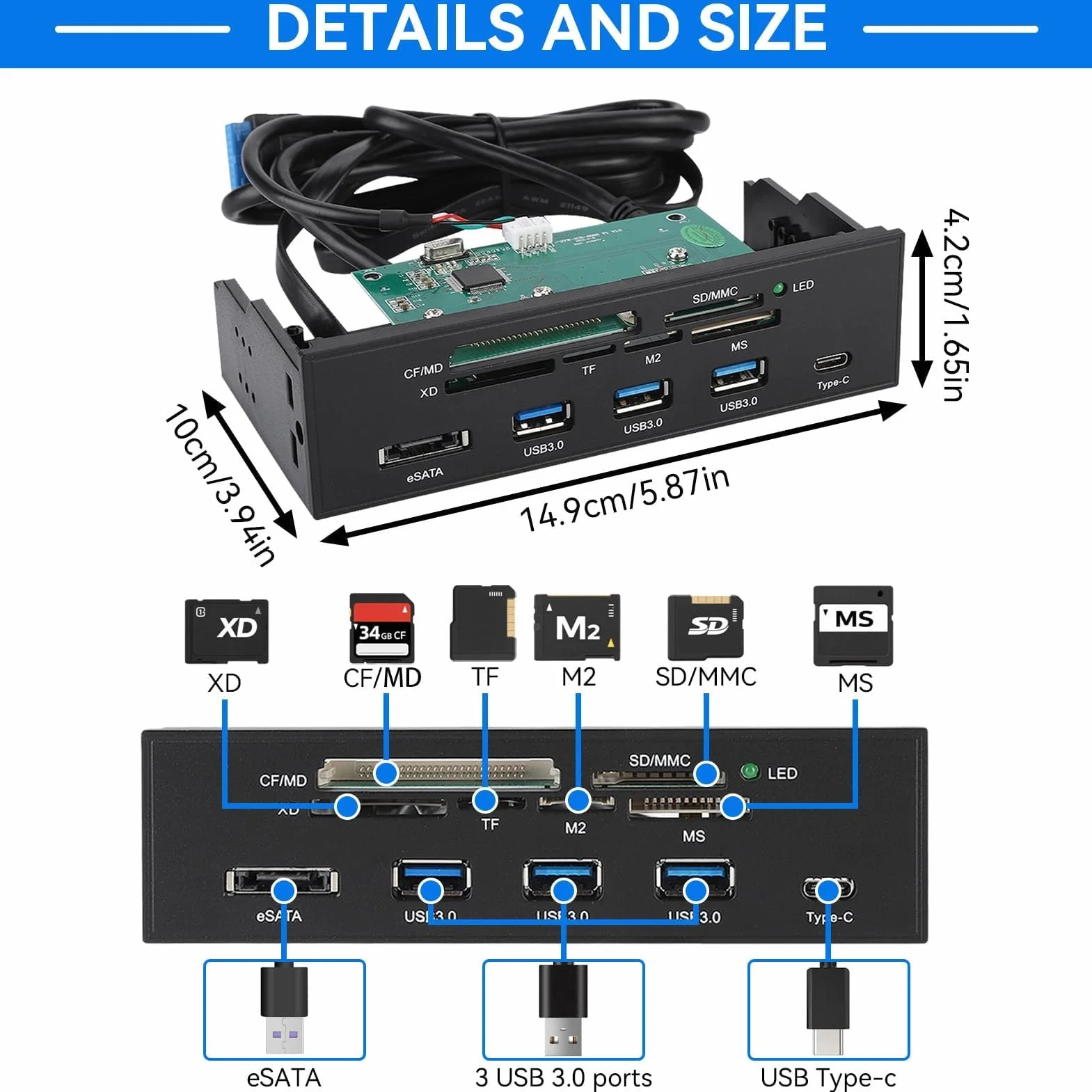 Lector De Tarjetas Interno, Interfaz USB 3.0 De 5,25 Pulgadas PC Panel Frontal Lector De Tarjetas Interno Concentrador Lector De Tarjetas Todo En Uno M2 SD MS XD CF TF Tarjeta Para Caja De Computadora