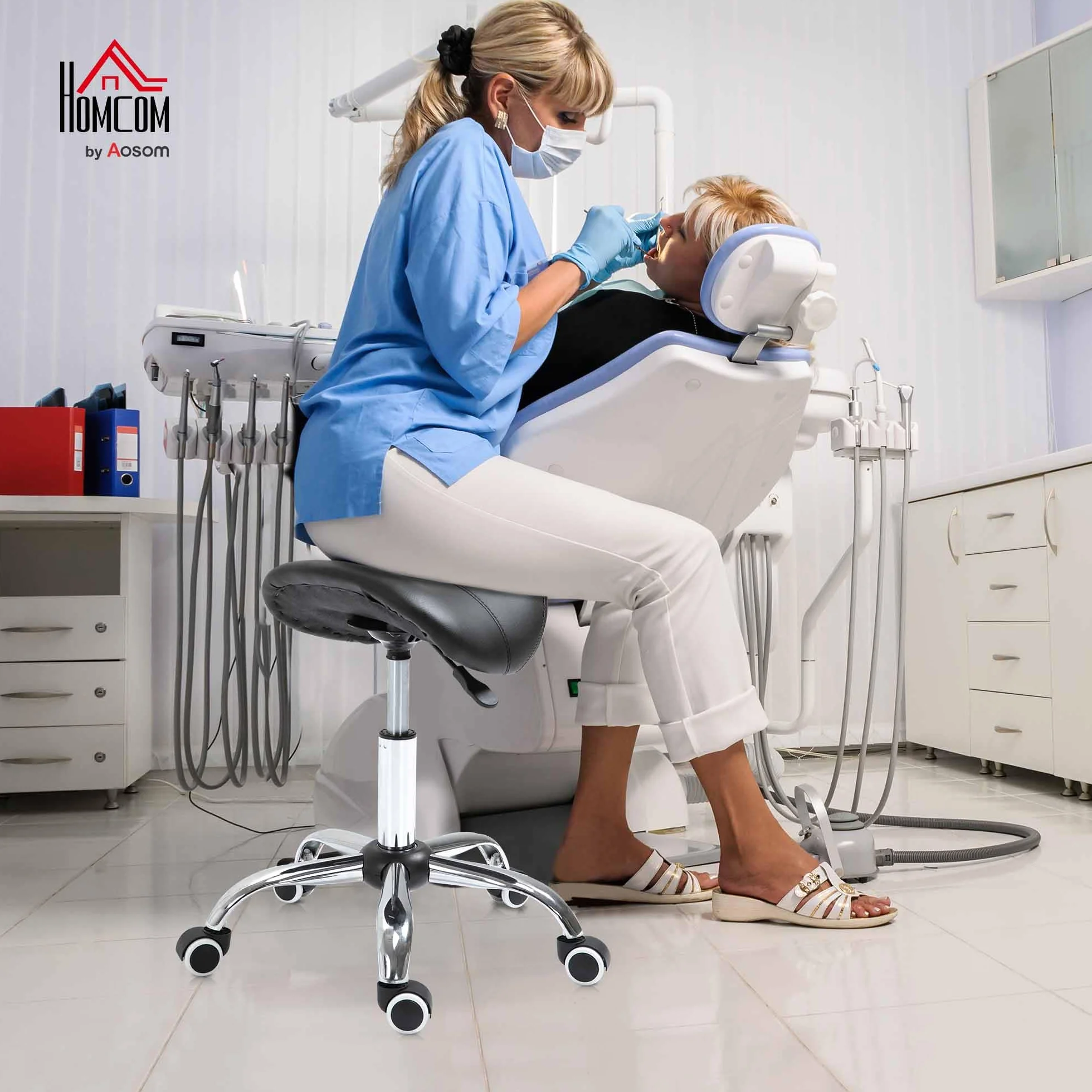 HOMCOM Taburete Giratorio con Ruedas Altura Ajustable Carga 120 kg 52x53x49-61 cm Blanco y Negro