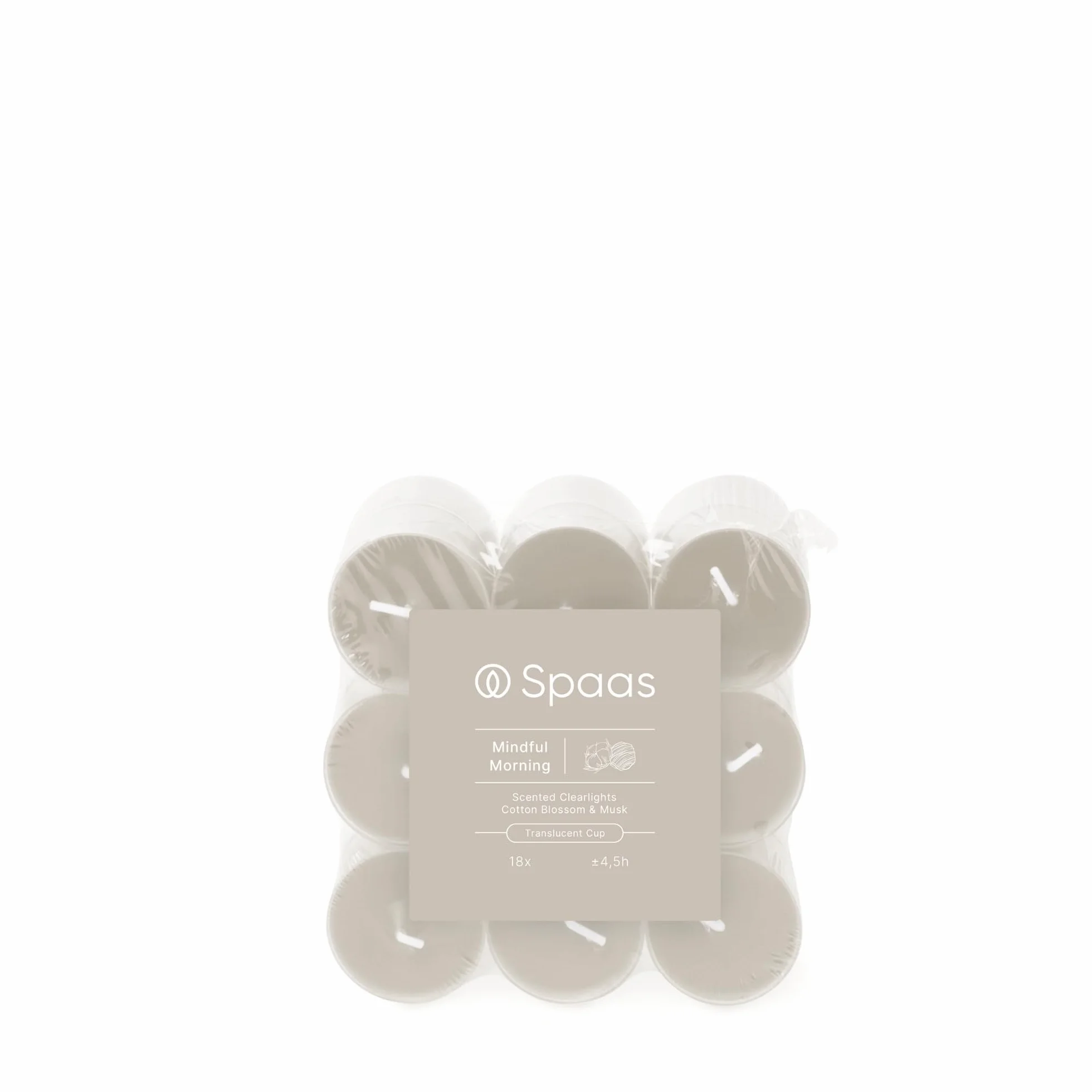 Spaas Velas de té perfumadas, recipiente transparente, 4,5 h, paquete de 18 unidades, aroma Mindful Morning
