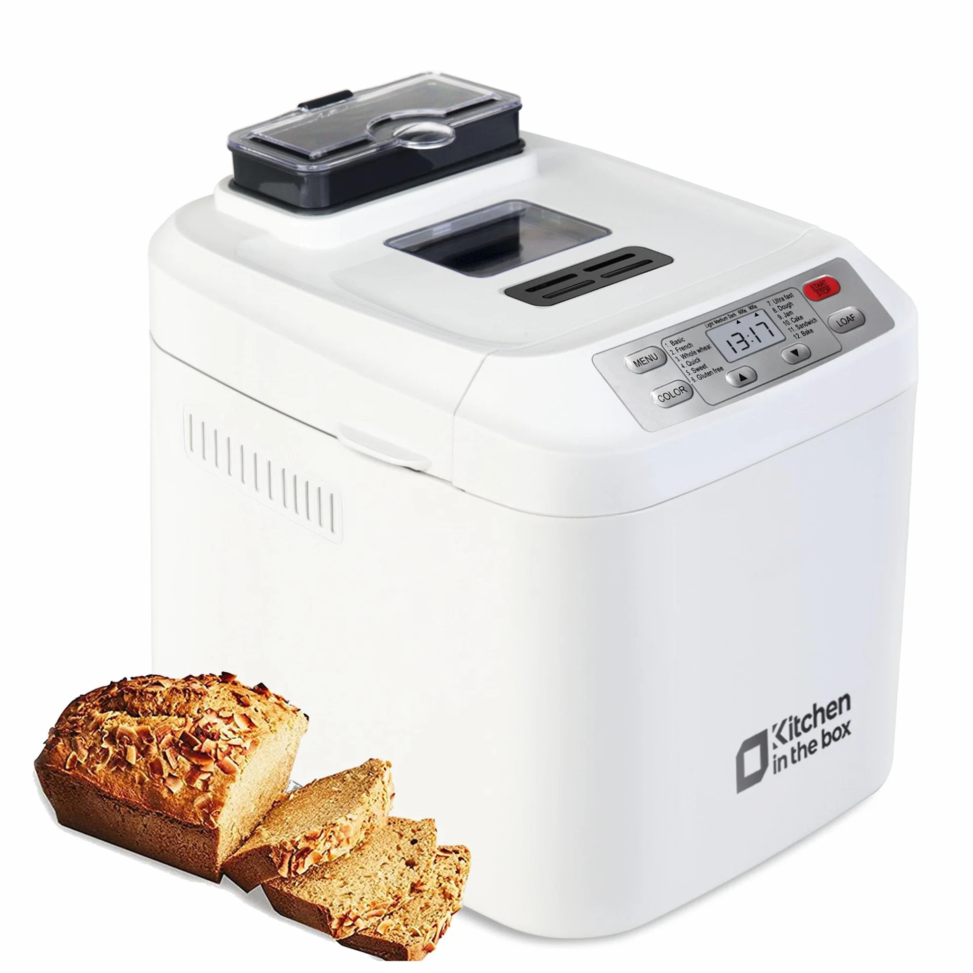 Kitchen in the box Panificadora de Pan Sin Gluten, 900g, 12 Programas, 3 Niveles de Tostado, Dispensador Extraíble, Libre de Amasar, Tapa Visor y Fácil Limpieza, Máquina de Pan Ideal Casero Saludable