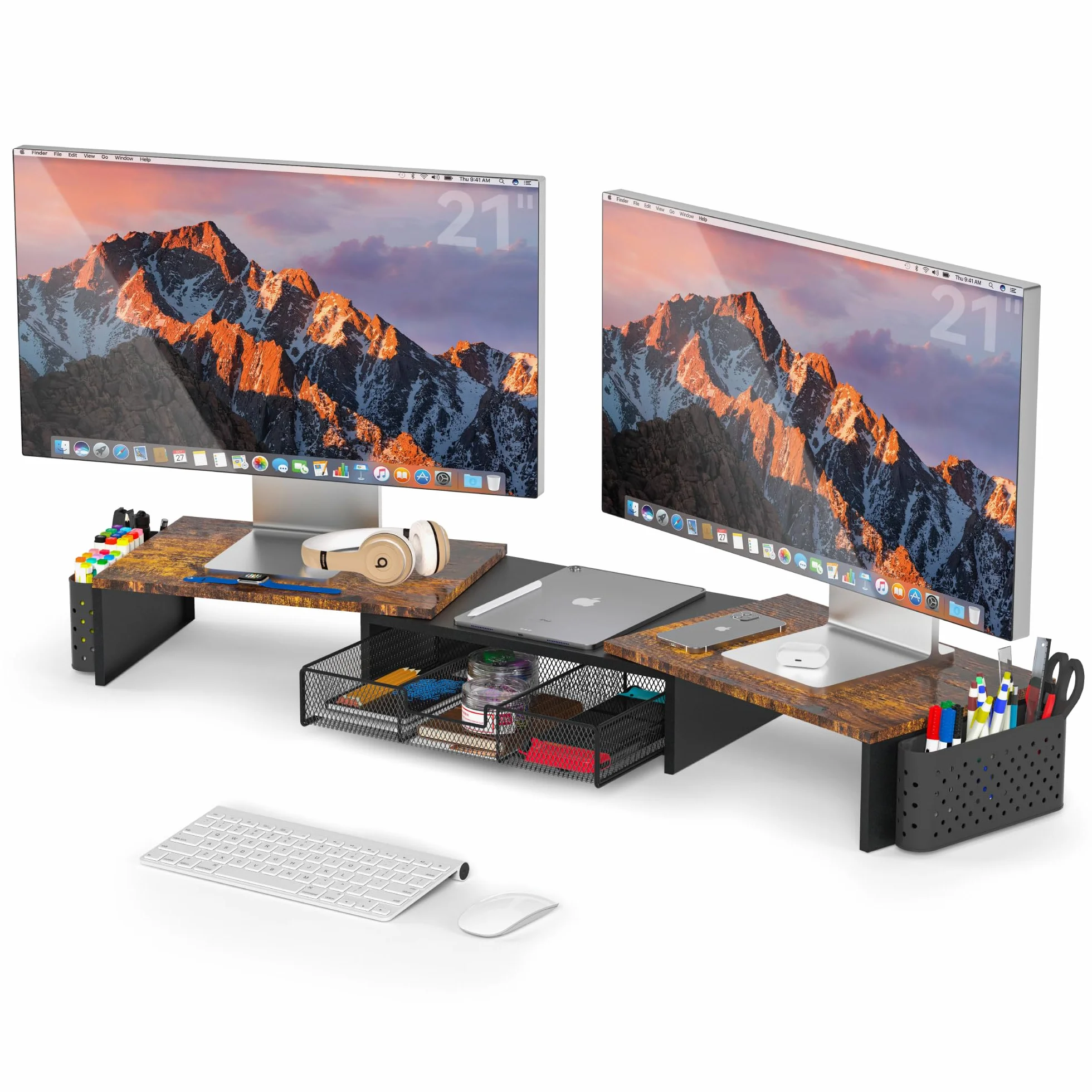 MOWETOO Elevador Monitor de Madera para Doble Monitors, Ajustable en Longitud y Rotación, con cajón y portalápices, Organizador Multifuncional para Portátil, PC e Impresora