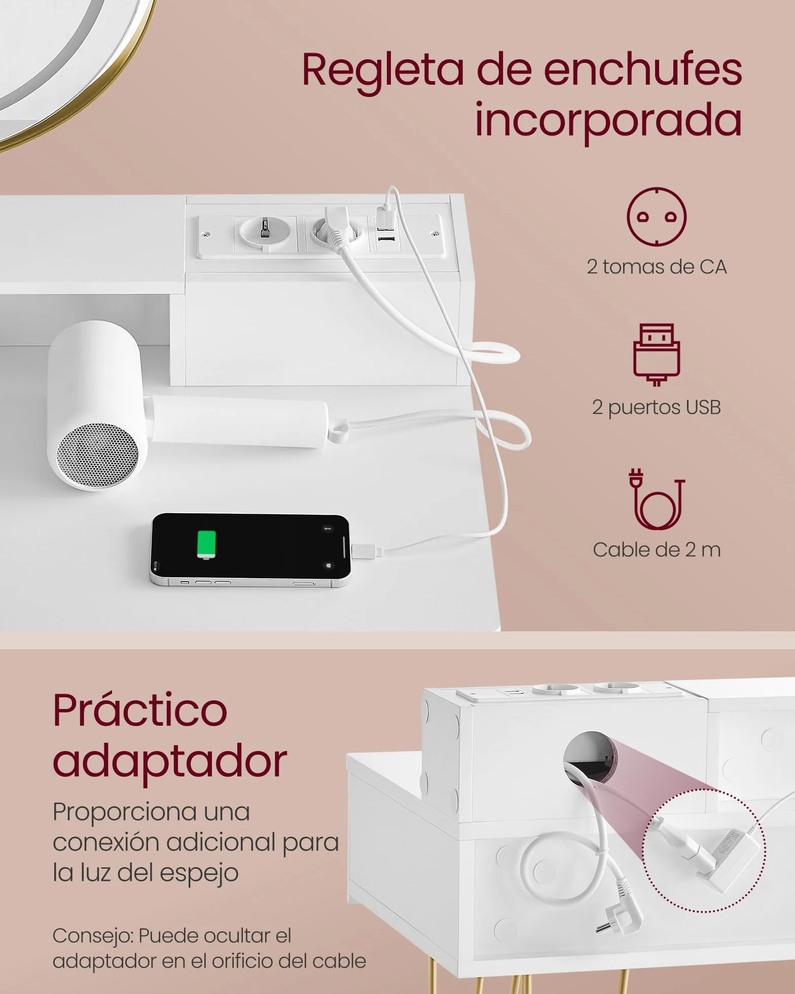 VASAGLE Tocador con Taburete e Iluminación Espejo Giratorio 40 x 100 x 134,8 cm Blanco Mate y Dorado Pálido