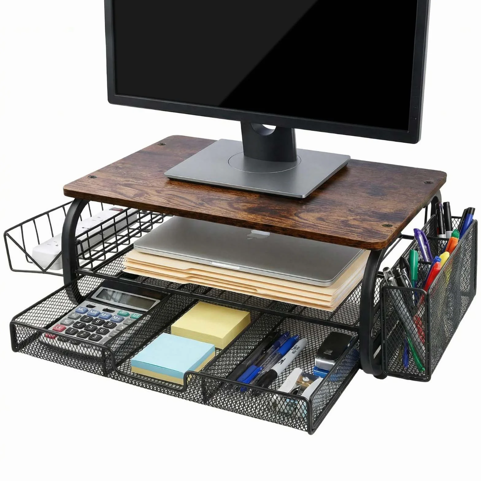 Soporte Monitor Escritorio, Mesa Elevador Monitor, Soporte Monitors Escritorio con Cajones, Elevador de Mesa con Organizador para Almacenamiento para Computadora/Impresora