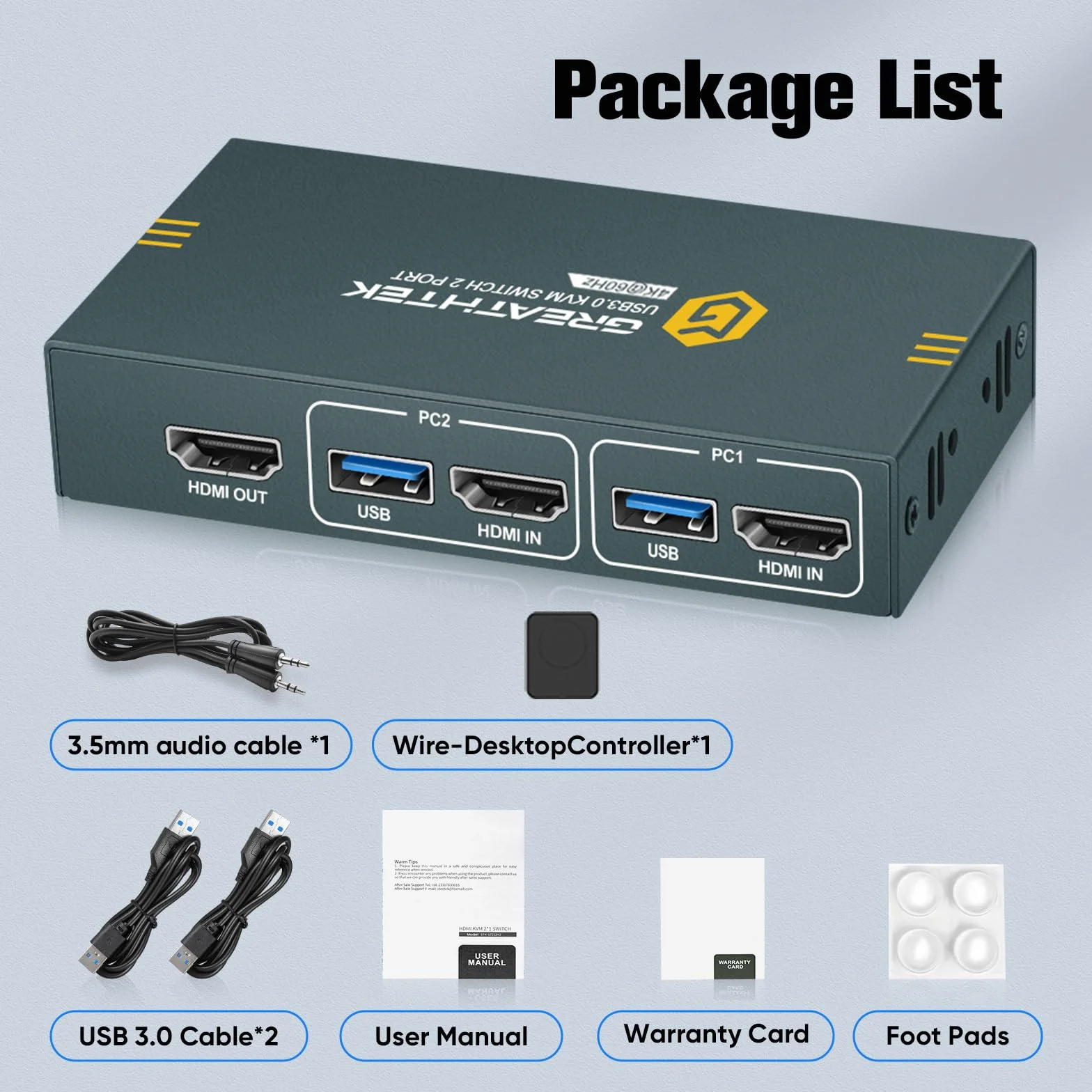 USB 3.0 conmutador KVM HDMI 2 puertos 4K@60Hz, conmutadores KVM para 2 PC 1 monitor Con 3 puertos USB3.0, HDMI2.0, HDCP2.2, soporte de función EDID, Incluye 2 cables USB 3.0