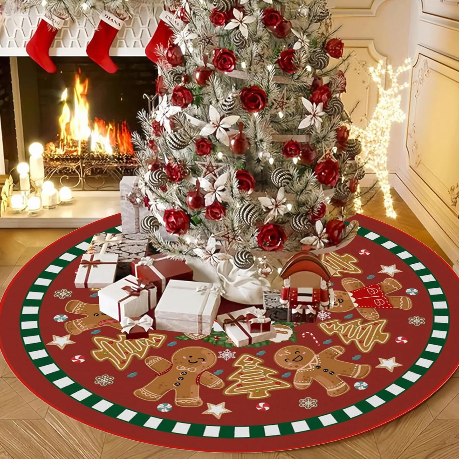 Falda de Árbol de Navidad 90cm Reno Redonda Base Manta Pie Decoración Muñecos de Jengibre