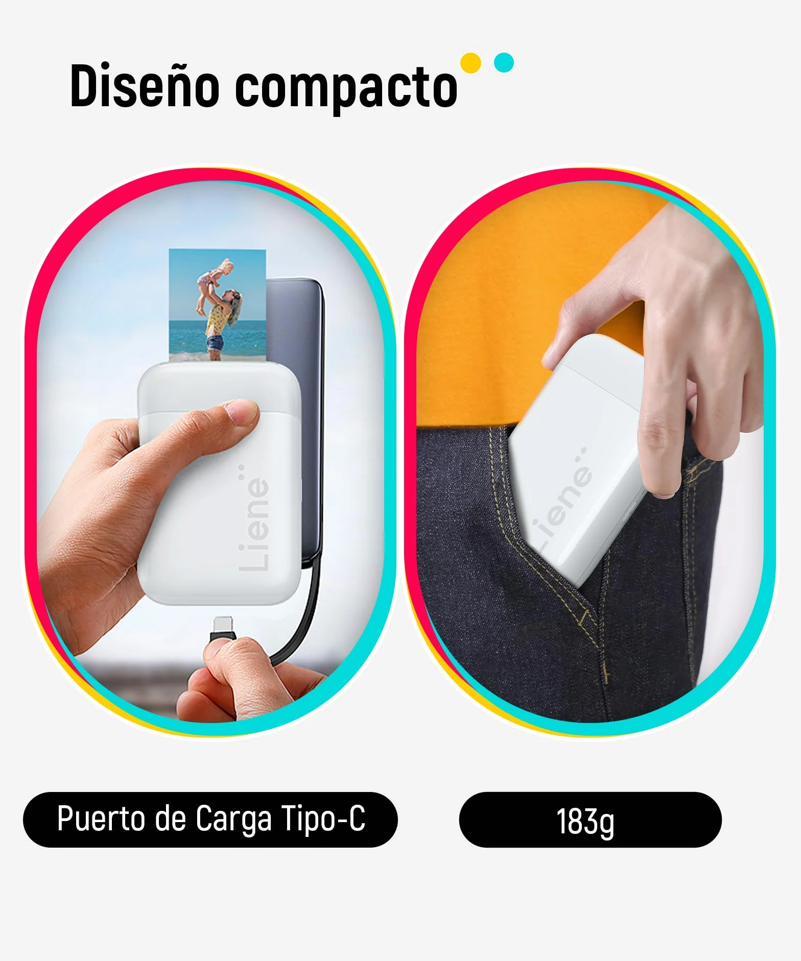 Liene Pearl K100 Mini Impresora Fotográfica instantánea, Bluetooth Impresora Movil Portatil con 50 Zink Papeles Fotográfico Adhesivos, 2x3, para iOS/Android Smartphone, Blanco