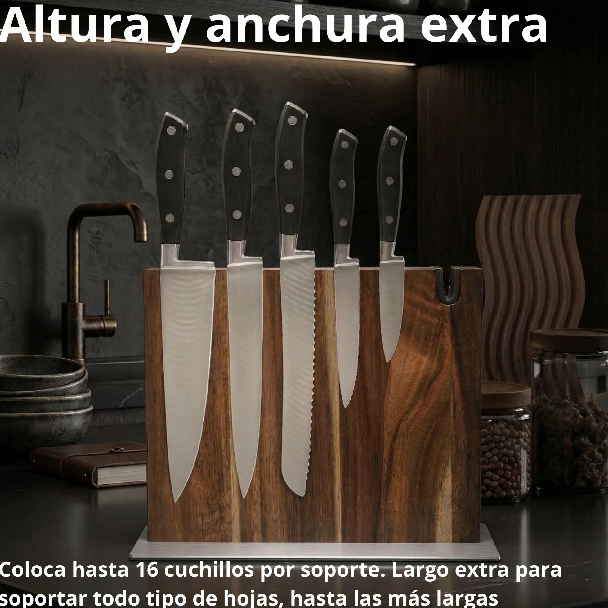 Soporte magnético cuchillos cocina XL con afilador integrado madera maciza Acacia