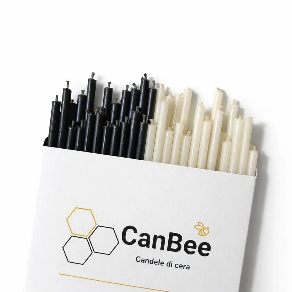 CanBee Velas Finas Cera de Abeja 100% Natural 16 cm x 5 mm Negras y Blancas Combustión Limpia 40 Min