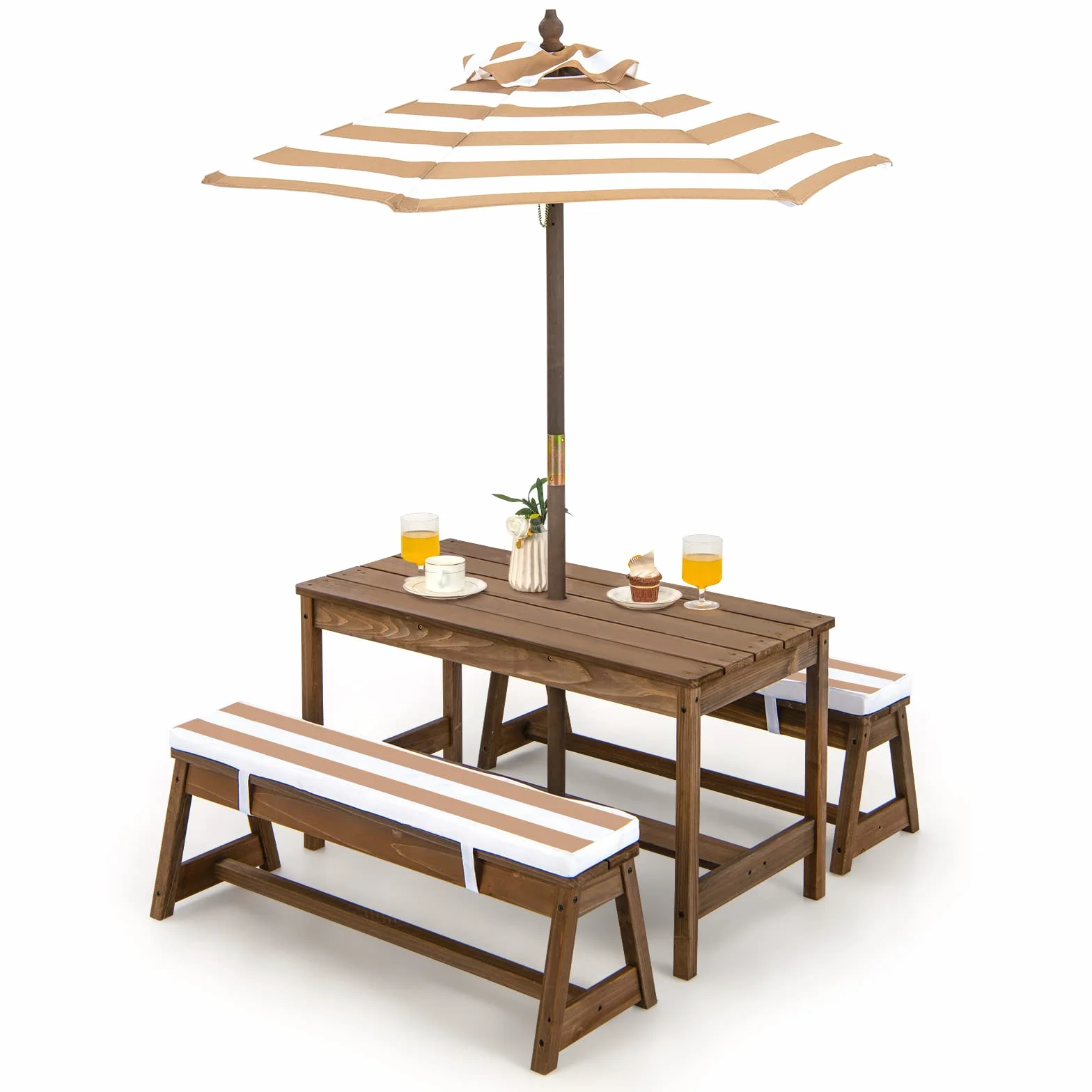 KOMFOTTEU Juego de Muebles Infantiles con Sombrilla, Mesa y 2 Bancos de Madera de Abeto para Jardín (Marrón)