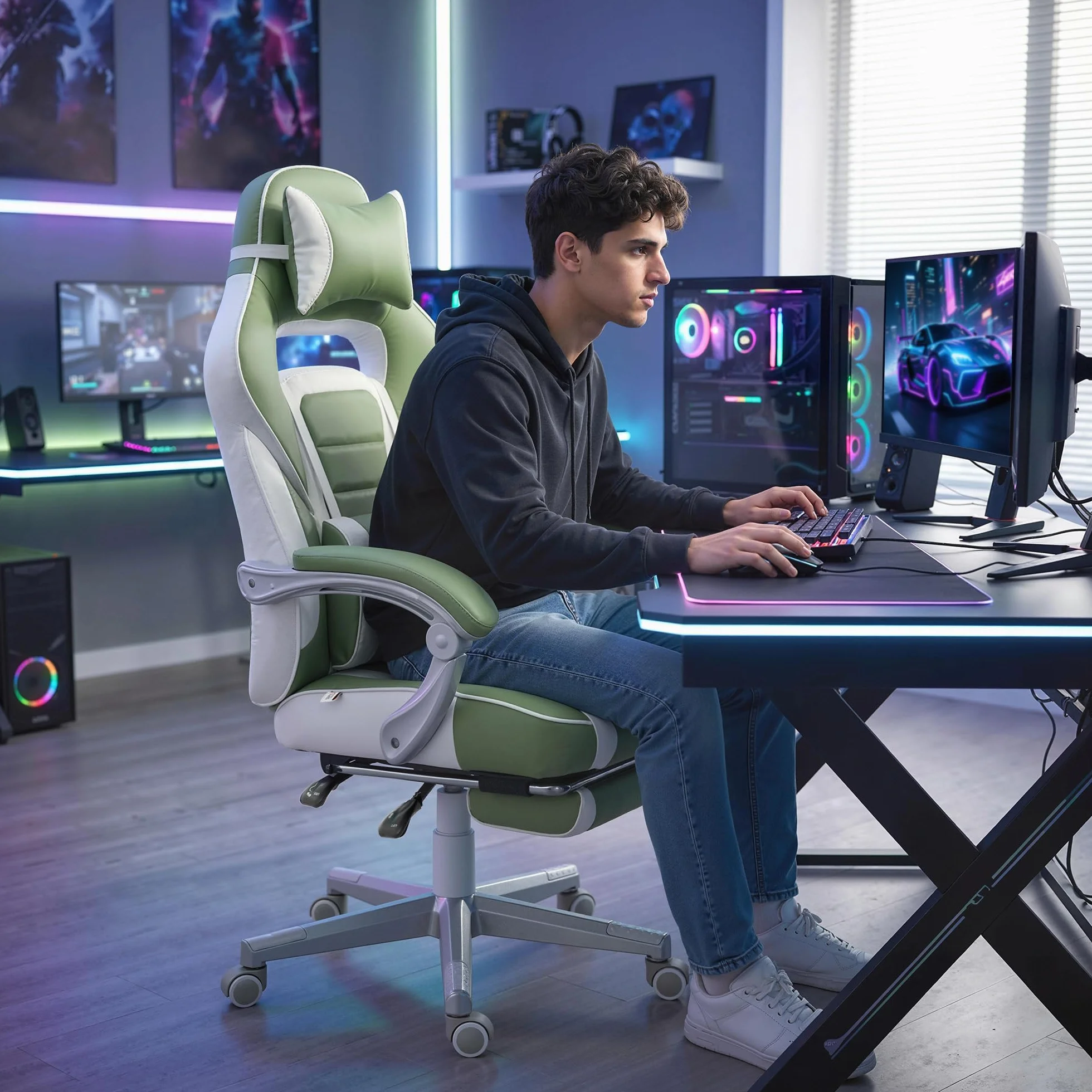 HOMCOM Silla Gaming Reclinable Altura Ajustable Reposapiés Retráctil Soporte Lumbar Reposacabezas Desmontable Verde