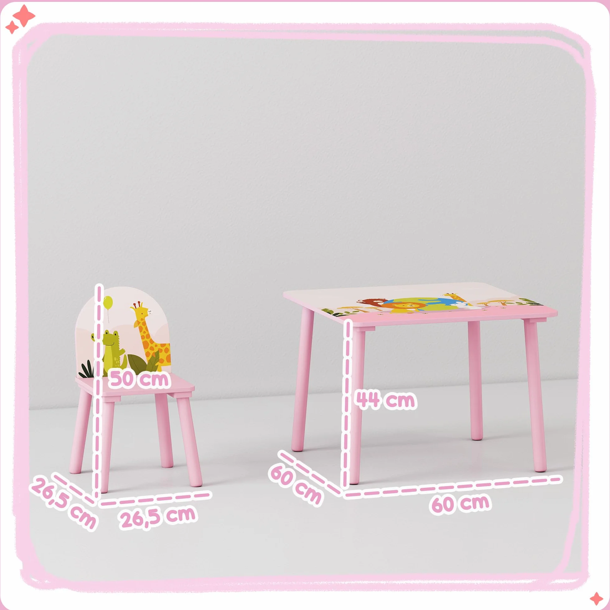 AIYAPLAY Mesa Infantil con 2 Sillas, Estampados de Animales, para Niños 3-8 Años, Hogar, Guardería, Rosa