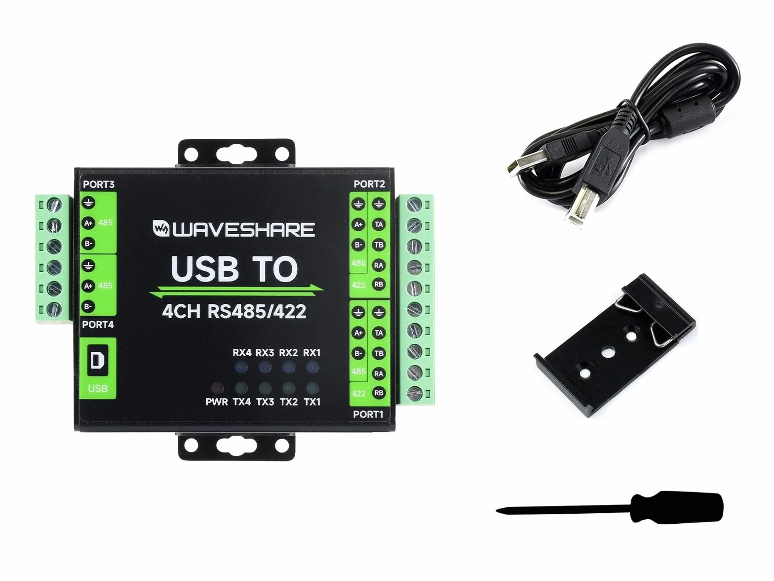 Waveshare Industrial Isolated USB To RS485/422 Converter, Original FT4232HL Chip, Supports USB To 2-Ch RS485 & 2-Ch RS485/422, Wall-Mount & Rail-Mount Support