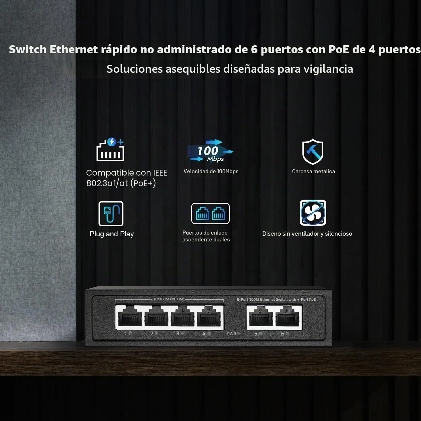 Conmutador PoE Mini YuLinca de 6 puertos con 4 puertos PoE+, 2 enlaces ascendentes Fast Ethernet, 10/100 Mbps, PoE 802.3af/at 65W, conmutador de red PoE+ Plug & Play metálico sin ventilador
